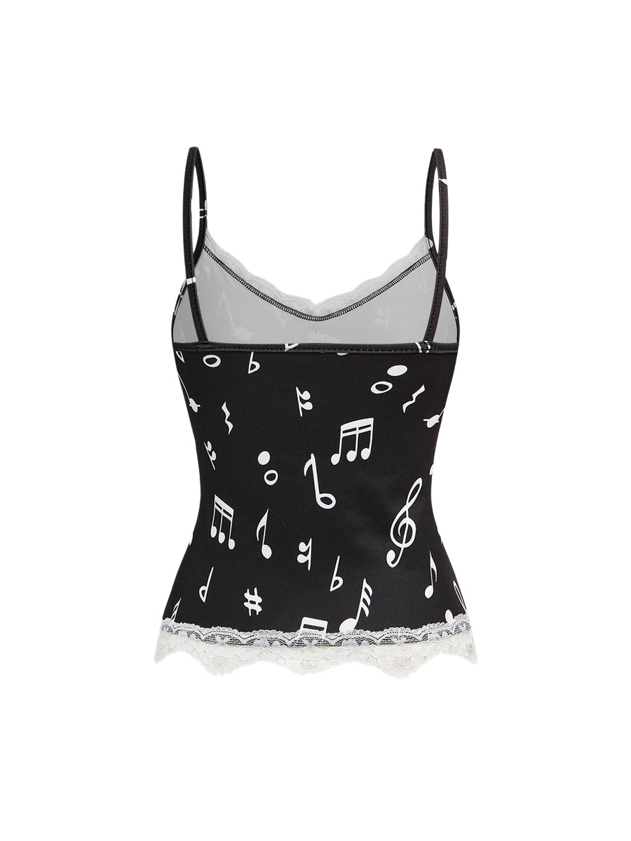Three-piece women's camisole set featuring a retro music note and piano keyboard print, delicate contrast lace trim, front bow accent, and slim fit spaghetti straps.