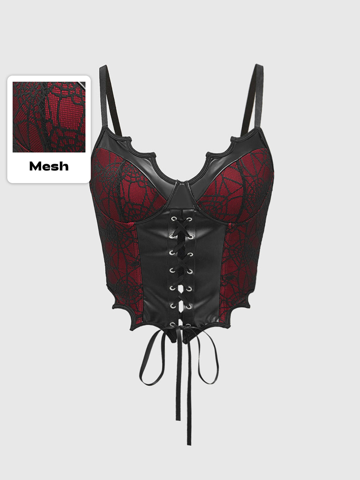 A women's black and red contrast corset tank top featuring spiderweb lace trim, a bat-shaped asymmetrical hem, spaghetti straps, and a grommet lace-up front.
