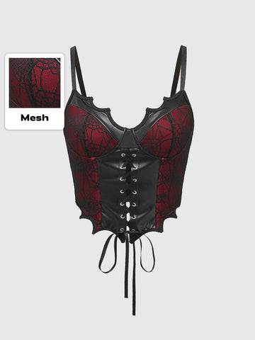 A women's black and red contrast corset tank top featuring spiderweb lace trim, a bat-shaped asymmetrical hem, spaghetti straps, and a grommet lace-up front.
