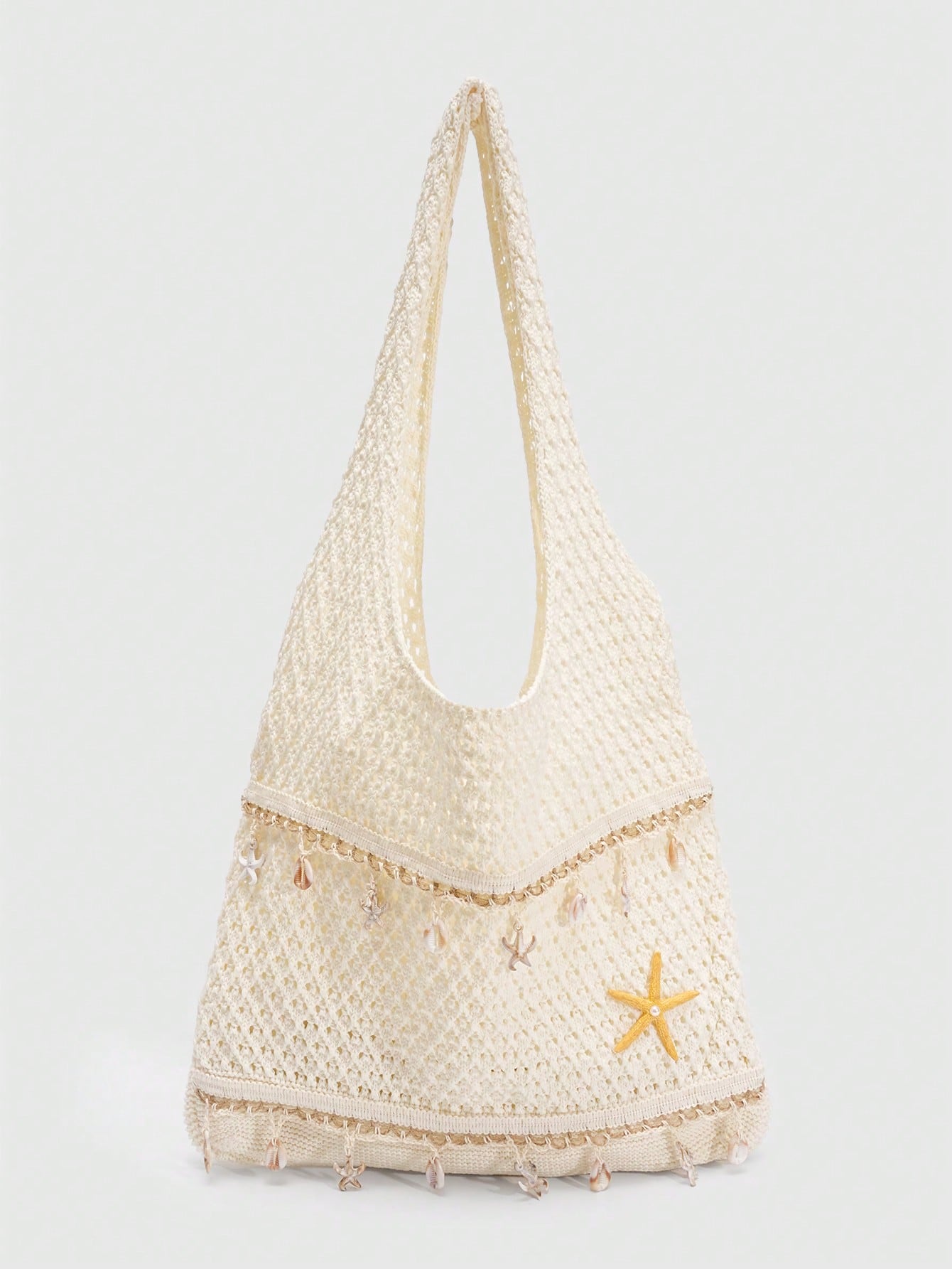 ROMWE Fairycore 1 Pc Tropical Ocean Beach Vacation Style Woven Hollow Beige Women's Shoulder Crossbody Handbag, Large Capacity Travel Vacation Bag