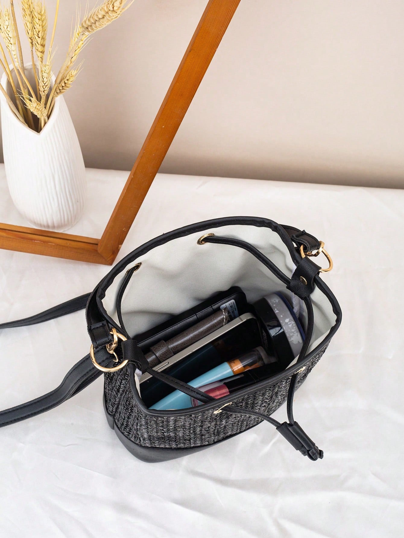 Drawstring Bucket Bag, Large Capacity Daily Versatile Bag, New Summer Beach Bag, Straw Crossbody Bag, Durable Women Handbag