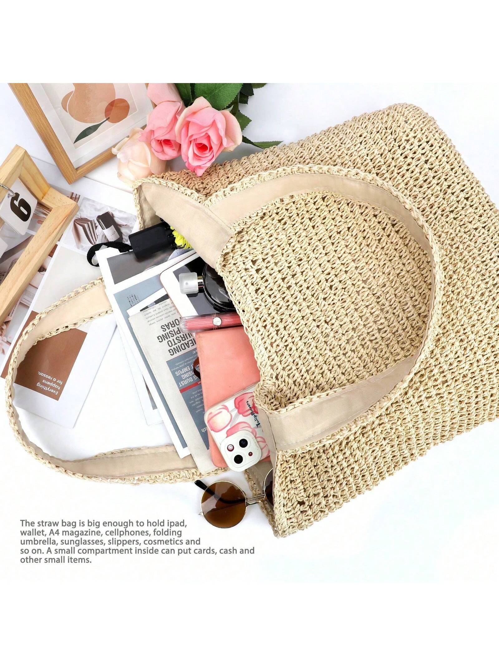 Hatisan Straw Beach Bag For Women Summer Woven Beach Tote Bag Shoulder Handbags Boho Bag