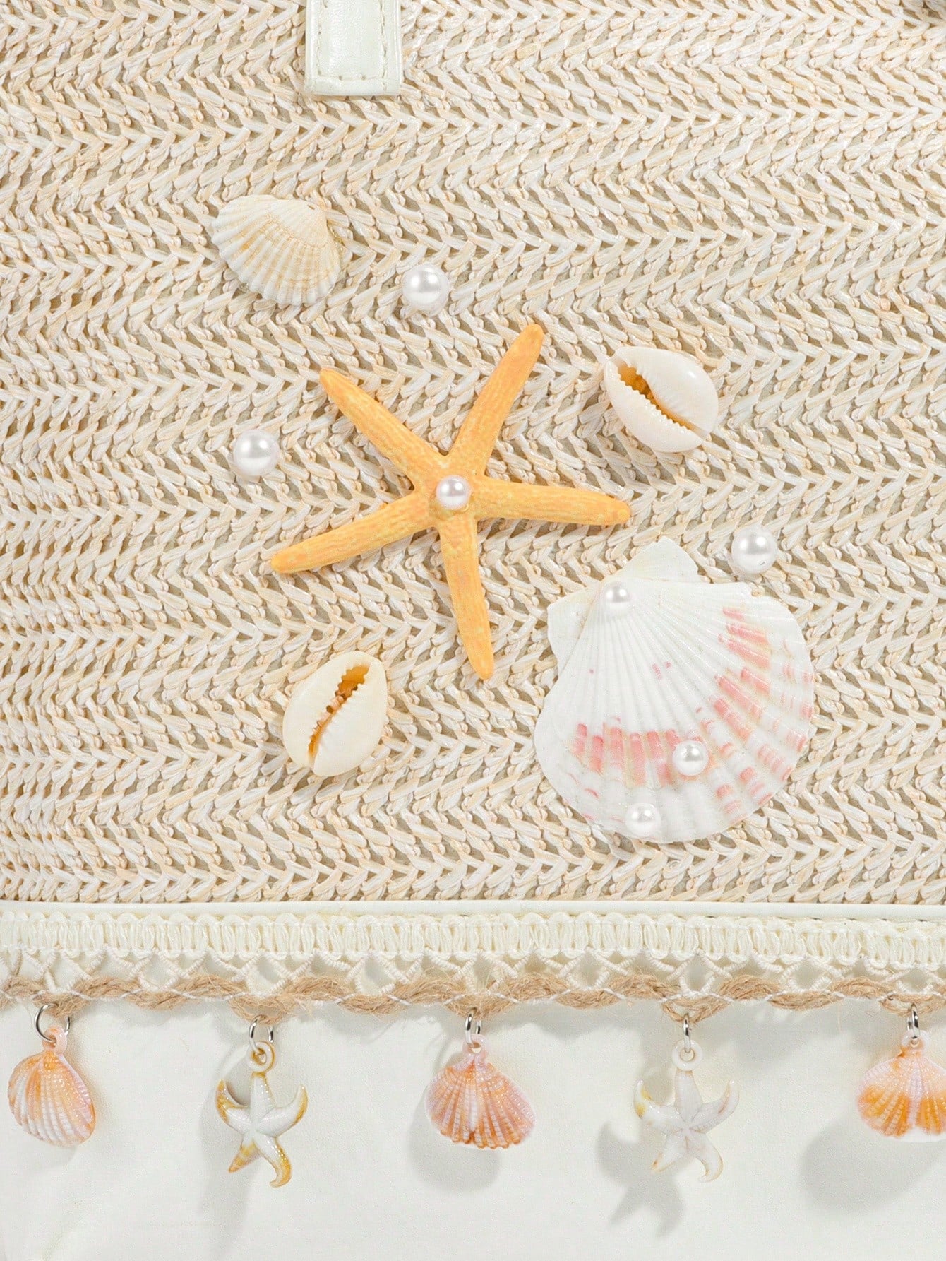 ROMWE Fairycore 1pc Vacation-Themed Shell, Seashell, Coral, Pearl Decor Women Tote Bag, Large Capacity Floral Straw Beach Bag For Spring/Summer