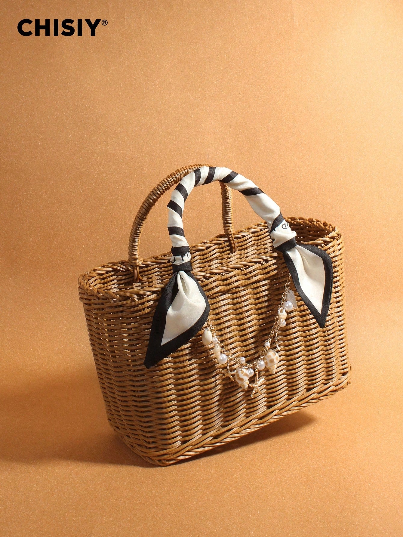 Summer New French Retro Handmade Vine Weaving Handbag Silk Scarf Handheld With Shell Sea Star Hanging Decoration Seaside Vacation Large Capacity Basket Package Daily Commuting Beach Leisure Party Travel