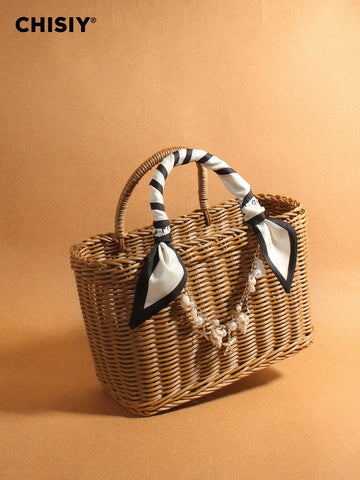 Summer New French Retro Handmade Vine Weaving Handbag Silk Scarf Handheld With Shell Sea Star Hanging Decoration Seaside Vacation Large Capacity Basket Package Daily Commuting Beach Leisure Party Travel