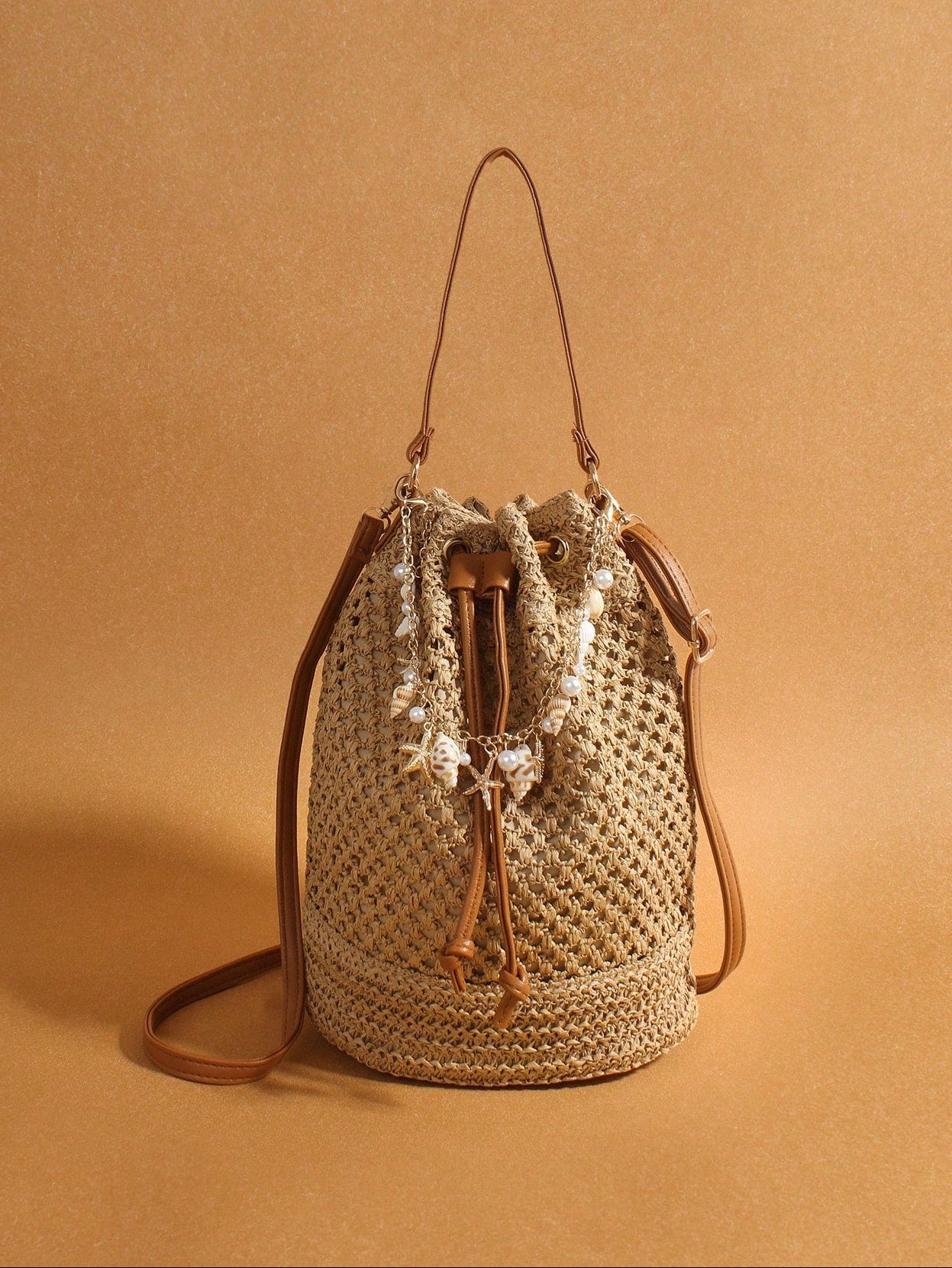 Original Handmade Style, Niche Vacation Style, Drawstring Woven Bag, Hollowed Out Woven Bucket Bag, Starfish Shell Hanging Decoration, Single Shoulder Crossbody Bag, Lightweight, Casual, Breathable, Shopping, Travel, Vacation Beach Bag