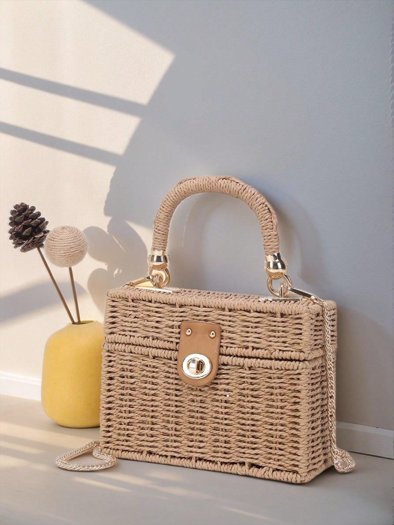 Tropiscape Small Square Box Woven Metal Chain Bag, Holiday Essentials, Perfect For Travel,