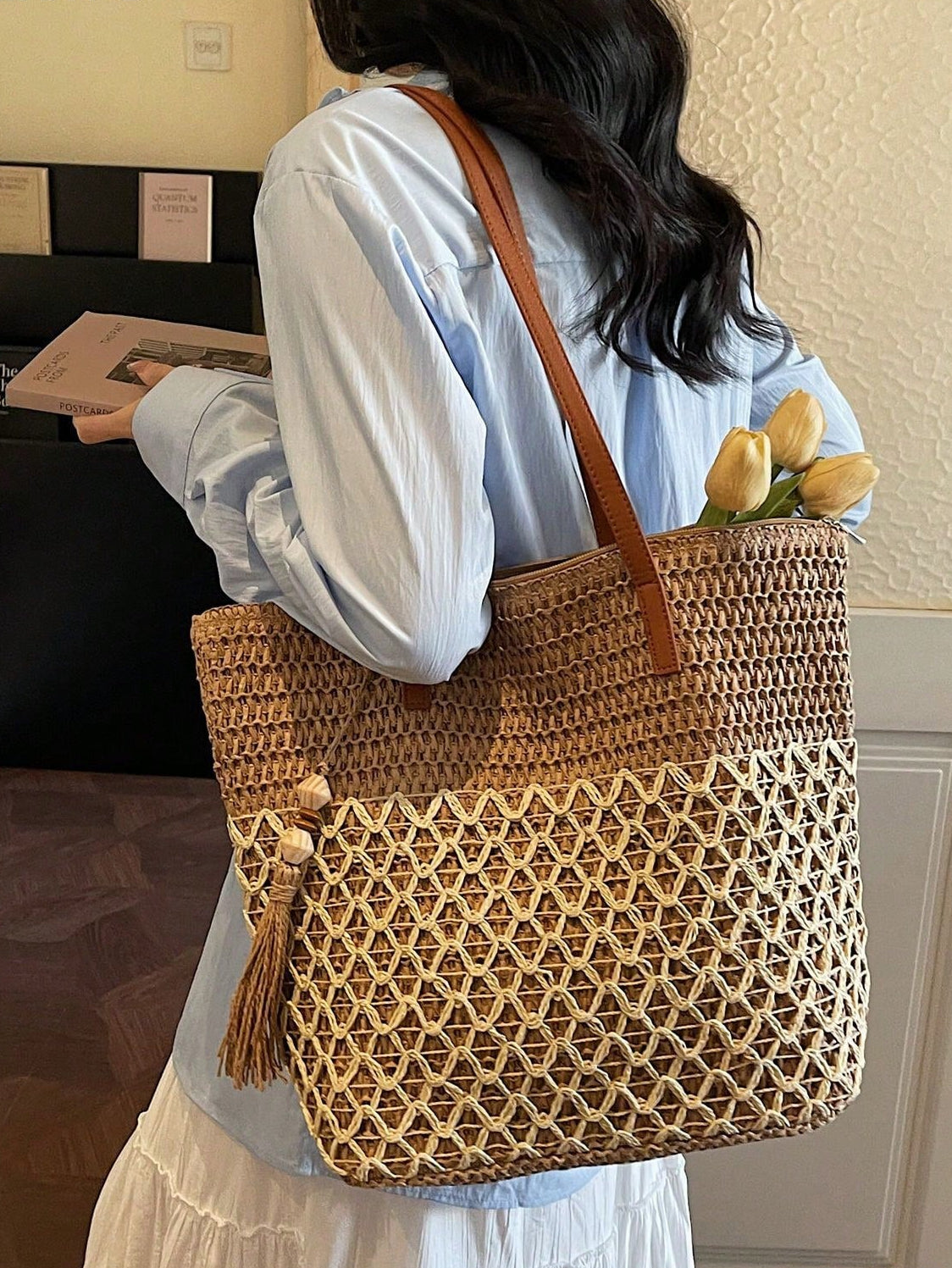 Tasseled Accent Colorblock Tote Bag, Beach Vacation Bag