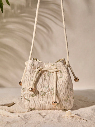 Tropiscape Mini Floral Embroidered Drawstring Detail Vacation, Straw Purse