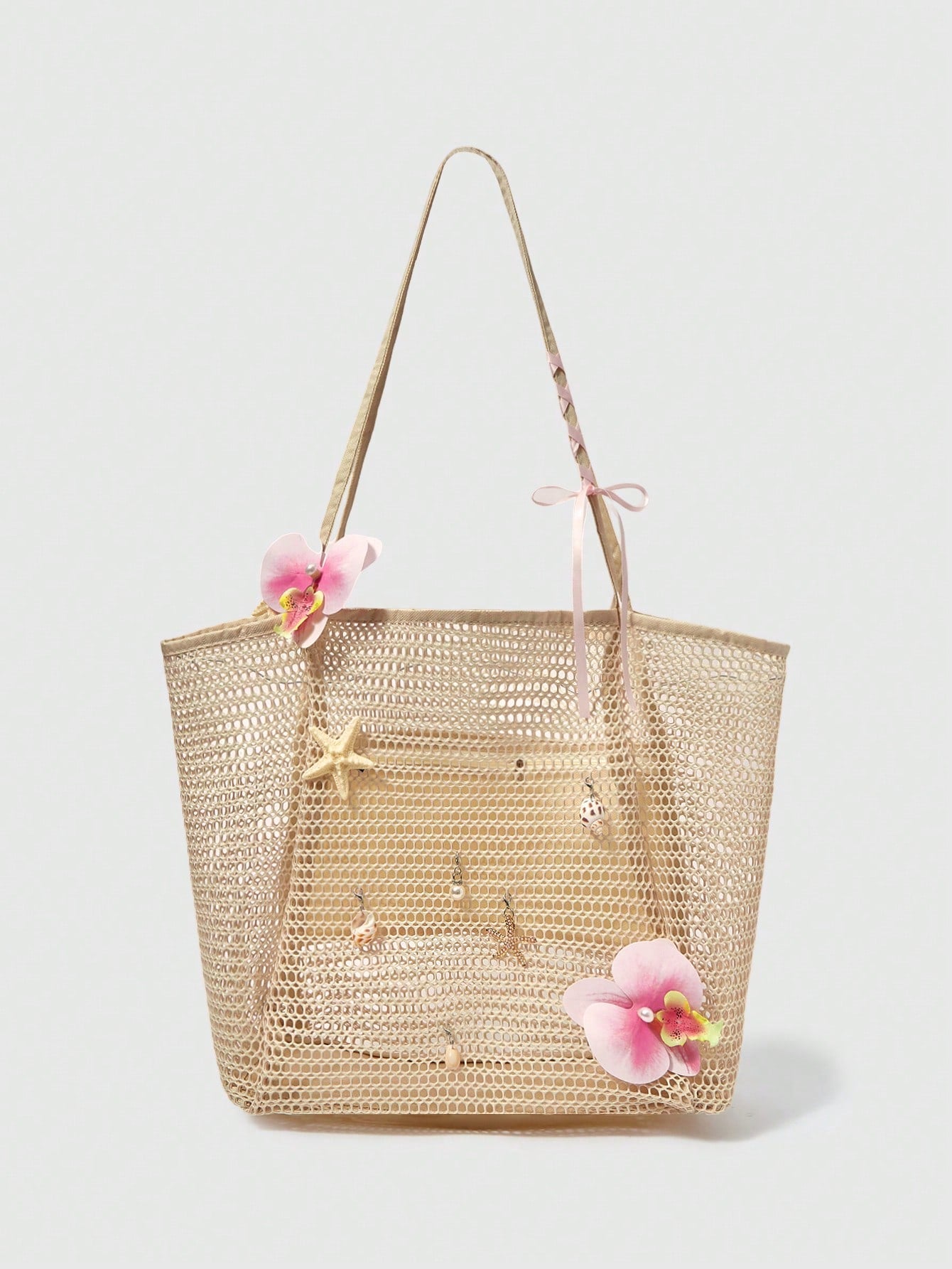 OMWE Fairycore 1pc Handmade Woven Tote Bag With Artificial Orchid, Lily Decor,