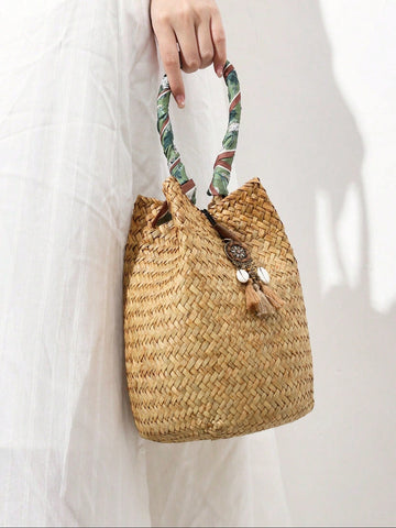 Bohemian Vacation Style Su Pure Handmade Woven Straw Woven Bucket Bag Handbag French Retro Woven Bag Versatile Daily Commuting Fashion Business Leisure Tourism Beach Wedding, Outing, Vacation, Beach (Pure Natural Straw Woven Color Has Slight Differences)