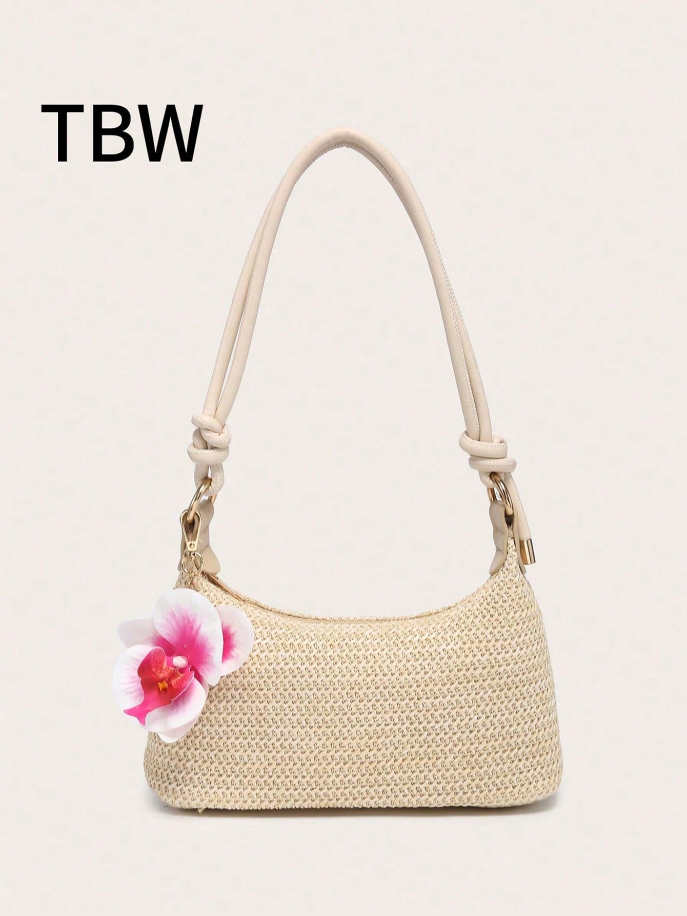 Women's Underarm Shoulder Bag, Square Bag, PU Rope Flower Pendant, Large Capacity, Lightweight, Casual Fashionable Beach Vacation Style, Suitable For Shopping And Vacation , Beach Bag, Holiday, Straw Bag
