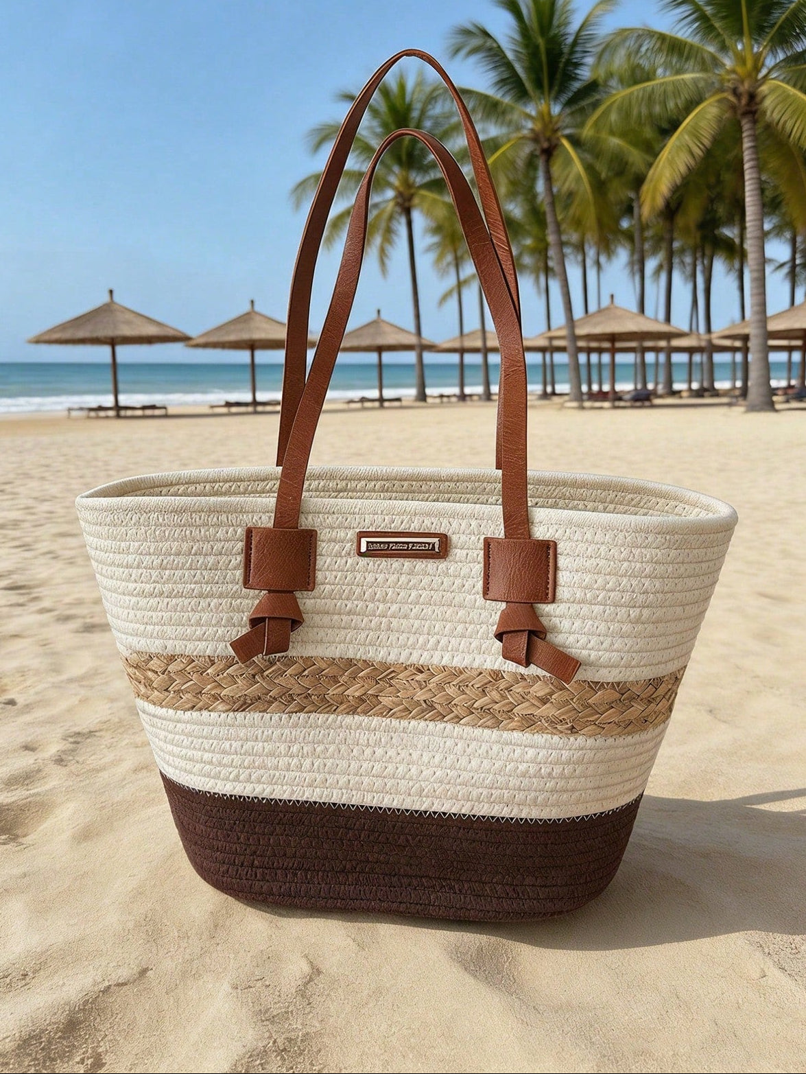 1pc Colorblock Striped Straw Tote Bag, Large Capacity Commuter Beach Shoulder Bag For Women