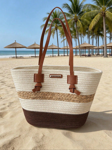 1pc Colorblock Striped Straw Tote Bag, Large Capacity Commuter Beach Shoulder Bag For Women