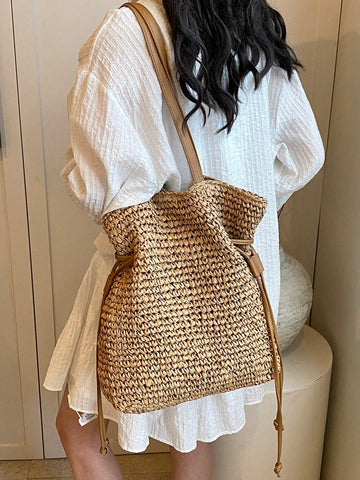 Fashionable Casual Versatile Solid Color Straw Tote Bag, Suitable For Holiday,