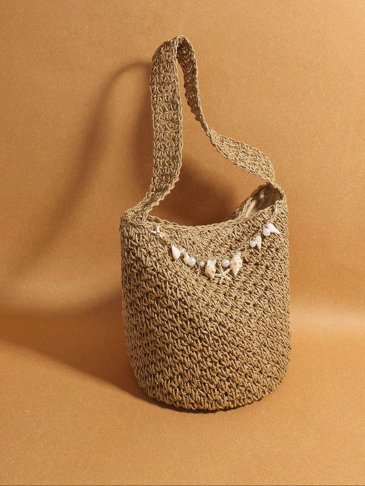 Original Handmade New Retro Woven Shoulder Bag, Summer Seaside Vacation Grass Woven Bag, Shell Starfish Hanging Decoration Bucket Bag, Large Capacity Commuting Handbag, Seaside Vacation Beach Bag, Daily Commuting Beach Leisure Party Travel