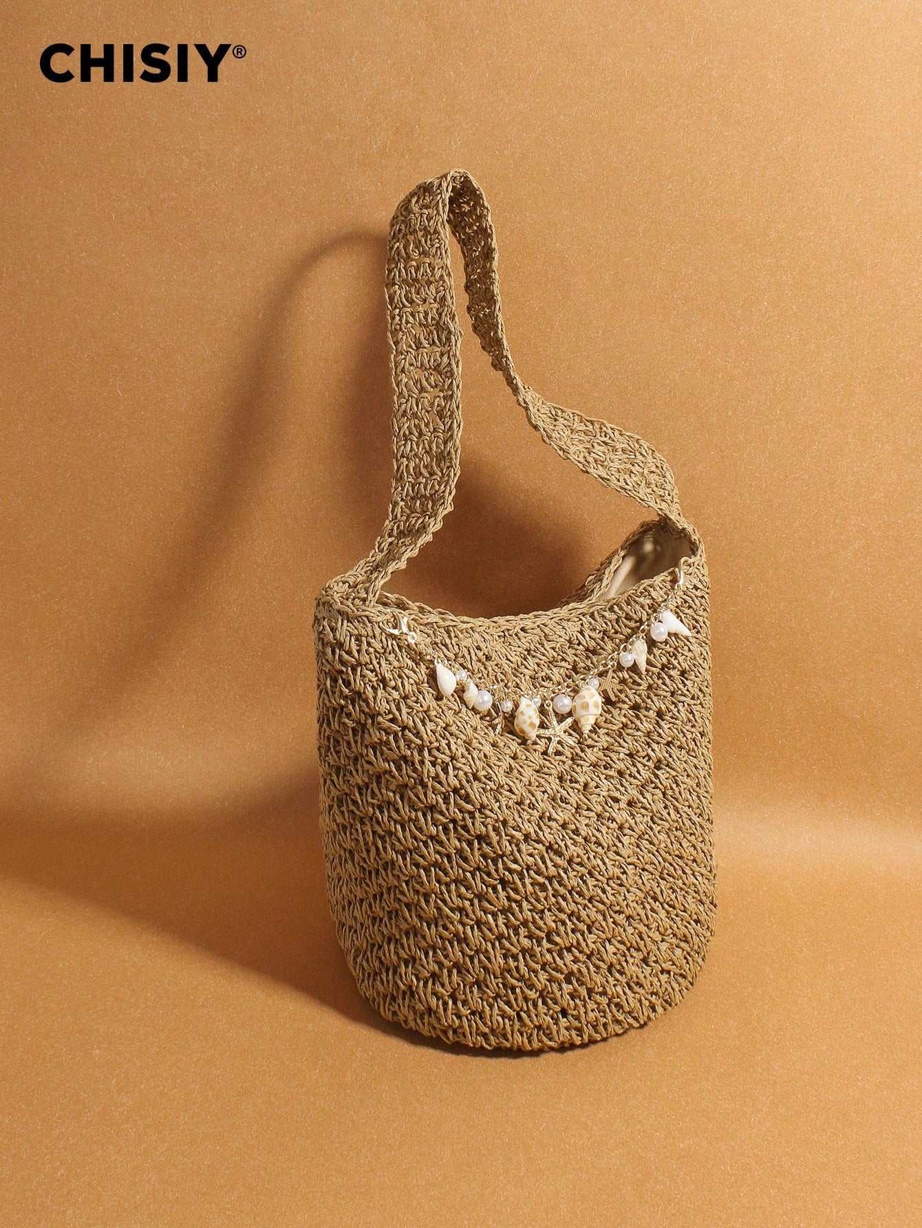 Original Handmade New Retro Woven Shoulder Bag, Summer Seaside Vacation Grass Woven Bag, Shell Starfish Hanging Decoration Bucket Bag, Large Capacity Commuting Handbag, Seaside Vacation Beach Bag, Daily Commuting Beach Leisure Party Travel
