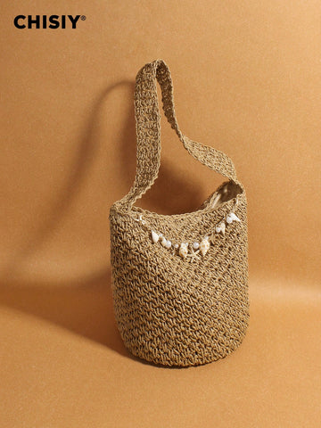 Original Handmade New Retro Woven Shoulder Bag, Summer Seaside Vacation Grass Woven Bag, Shell Starfish Hanging Decoration Bucket Bag, Large Capacity Commuting Handbag, Seaside Vacation Beach Bag, Daily Commuting Beach Leisure Party Travel