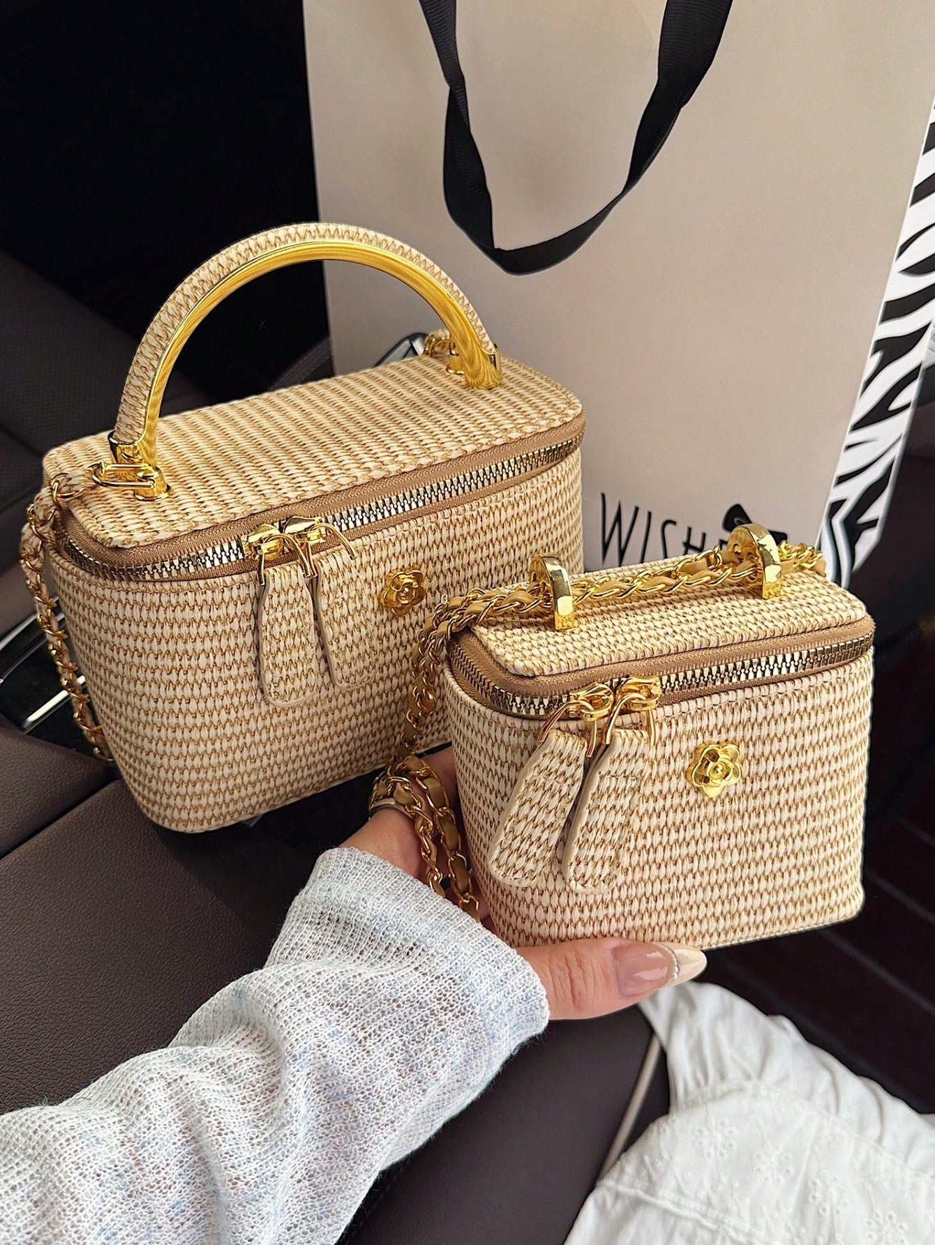 Woven Texture Handle Box-Shaped Handbag, Women's Spring/Summer New Fashion Chain Crossbody Small Square Bag, Versatile Beach Holiday Purse