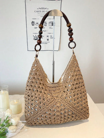 EMERY ROSE Large Capacity Portable Women's Woven Straw Shoulder Bag Medium Handbag With Handle For Beach Vacation