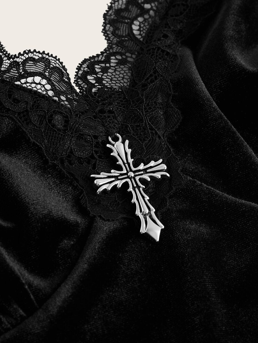 Black gothic velvet crop tank top for women featuring contrast lace trim, bow accent, spaghetti straps, and a metal cross detail.