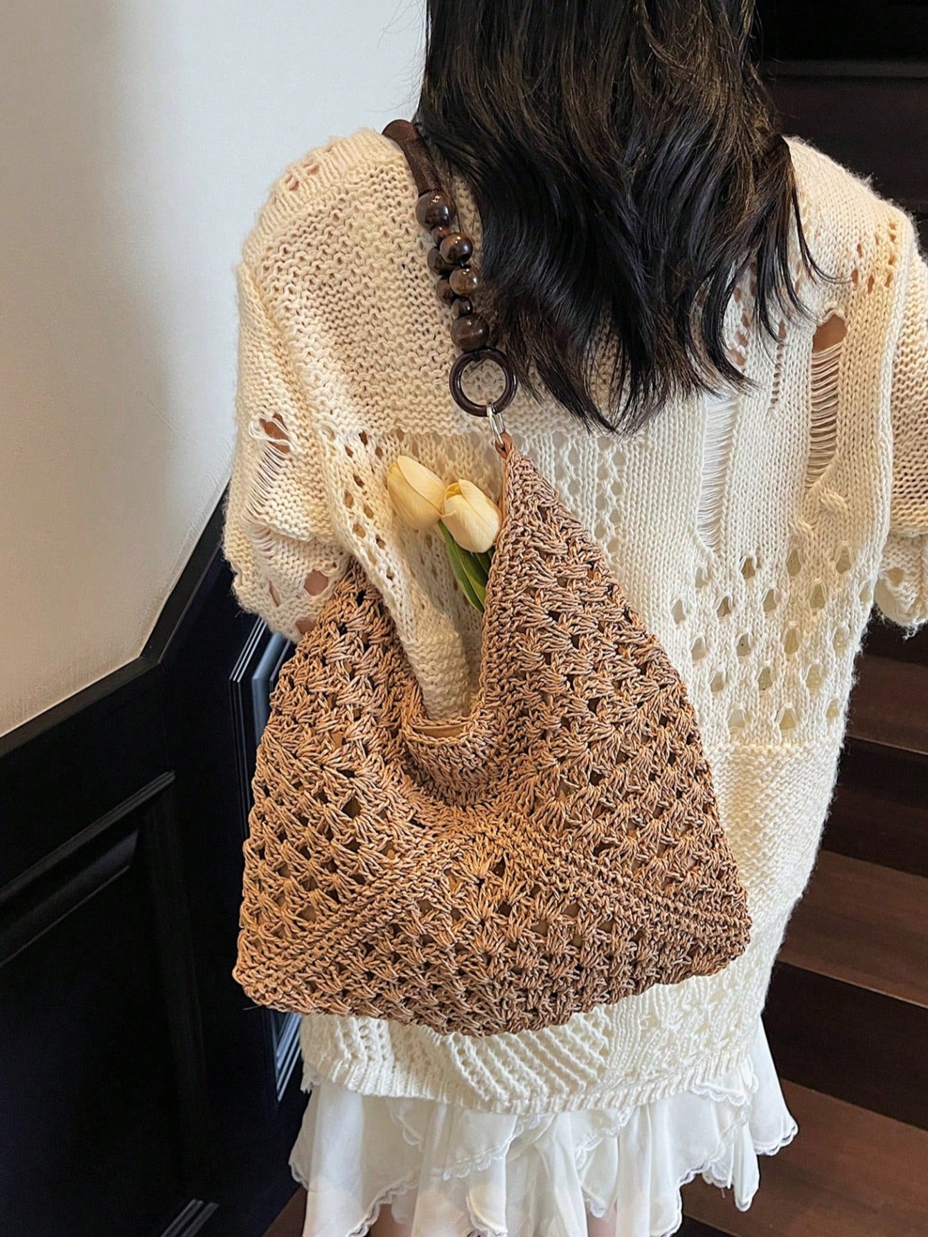 Handmade Crochet Hollow Straw Bag, Patchwork Large Capacity Shoulder Bag, Bohemian Contrast Color Straw Bag, Casual Versatile Women Bag, Slouchy Woven Bag, Summer Beach Vacation Straw Bag, Commute & Travel Dual-Use Women Bag, Can Fit , Gift For Women