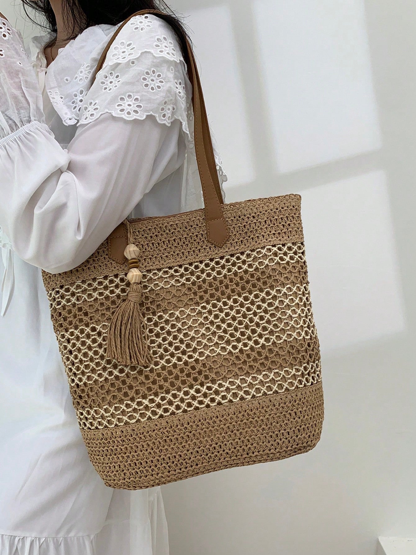 Tasseled Accent Colorblock Tote Bag, Beach Vacation Bag