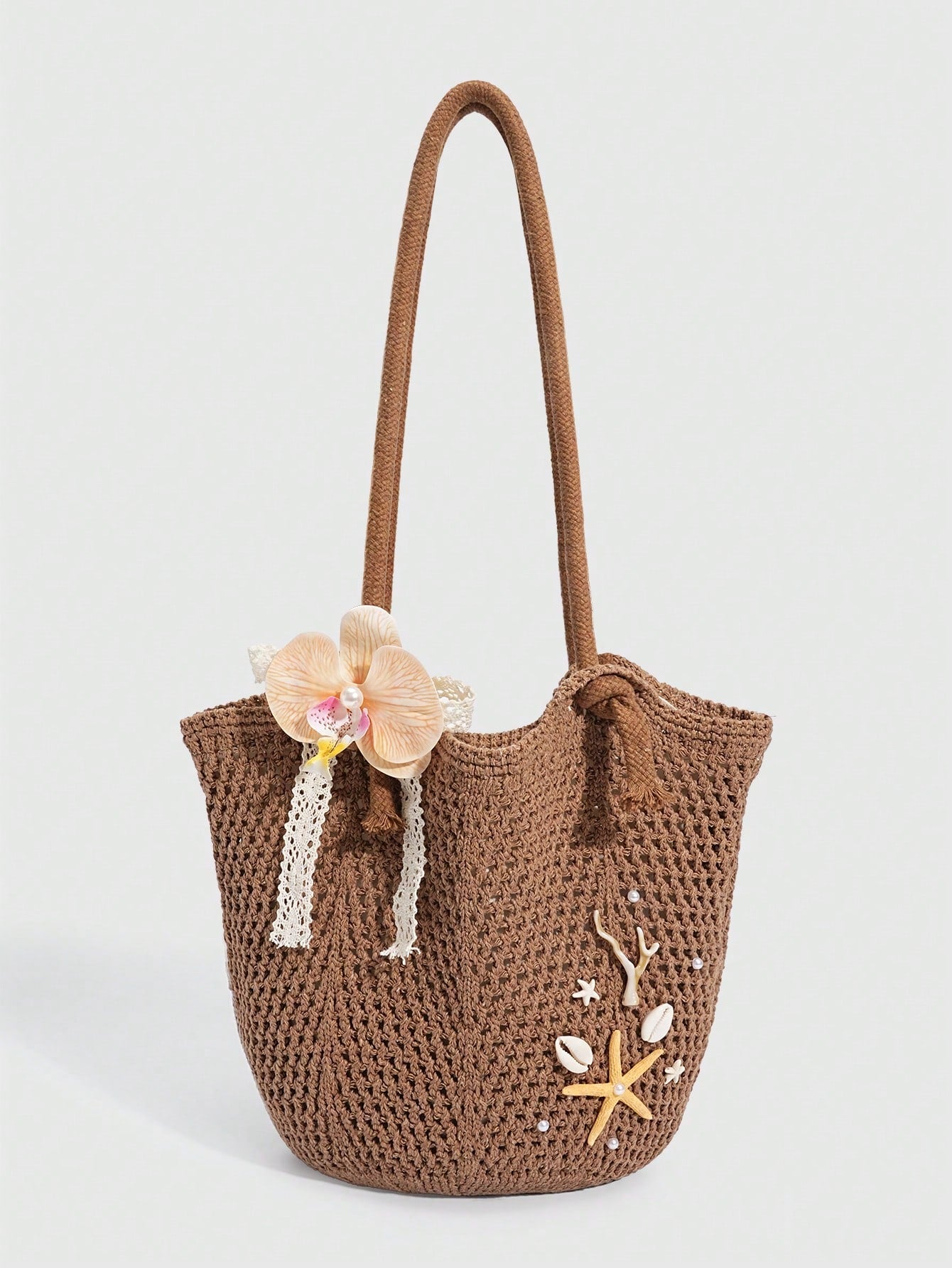 ROMWE Fairycore 1 Pc Tropical Ocean Beach Vacation Style Woven Hollow Beige Women's Shoulder Crossbody Handbag, Large Capacity Travel Vacation Bag