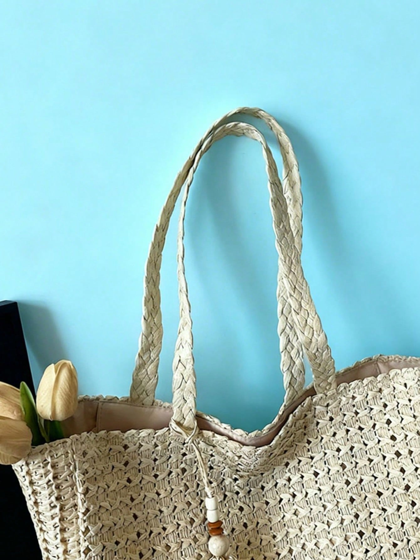 Women's Large Capacity Straw Vacation Beach Bag, Woven With Tassels, Shoulder Handbag Wallet, Casual Fashion Travel Bag, Portable Bohemian Foldable Tote , Bohemian Outfit For Women , Summer, Boho