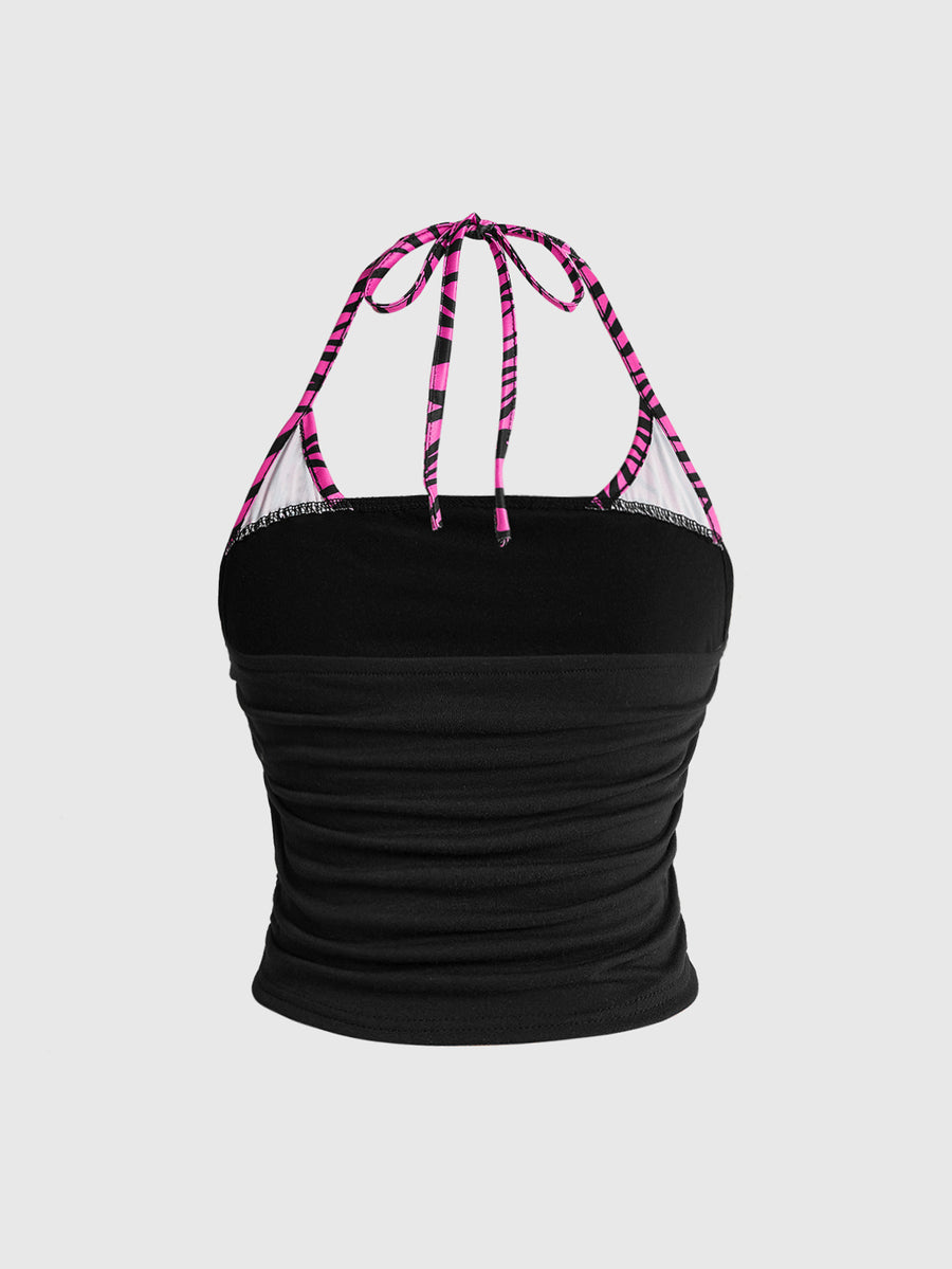 Black Y2K halter crop camisole top featuring a backless design, ruched detailing, and appliques for women.