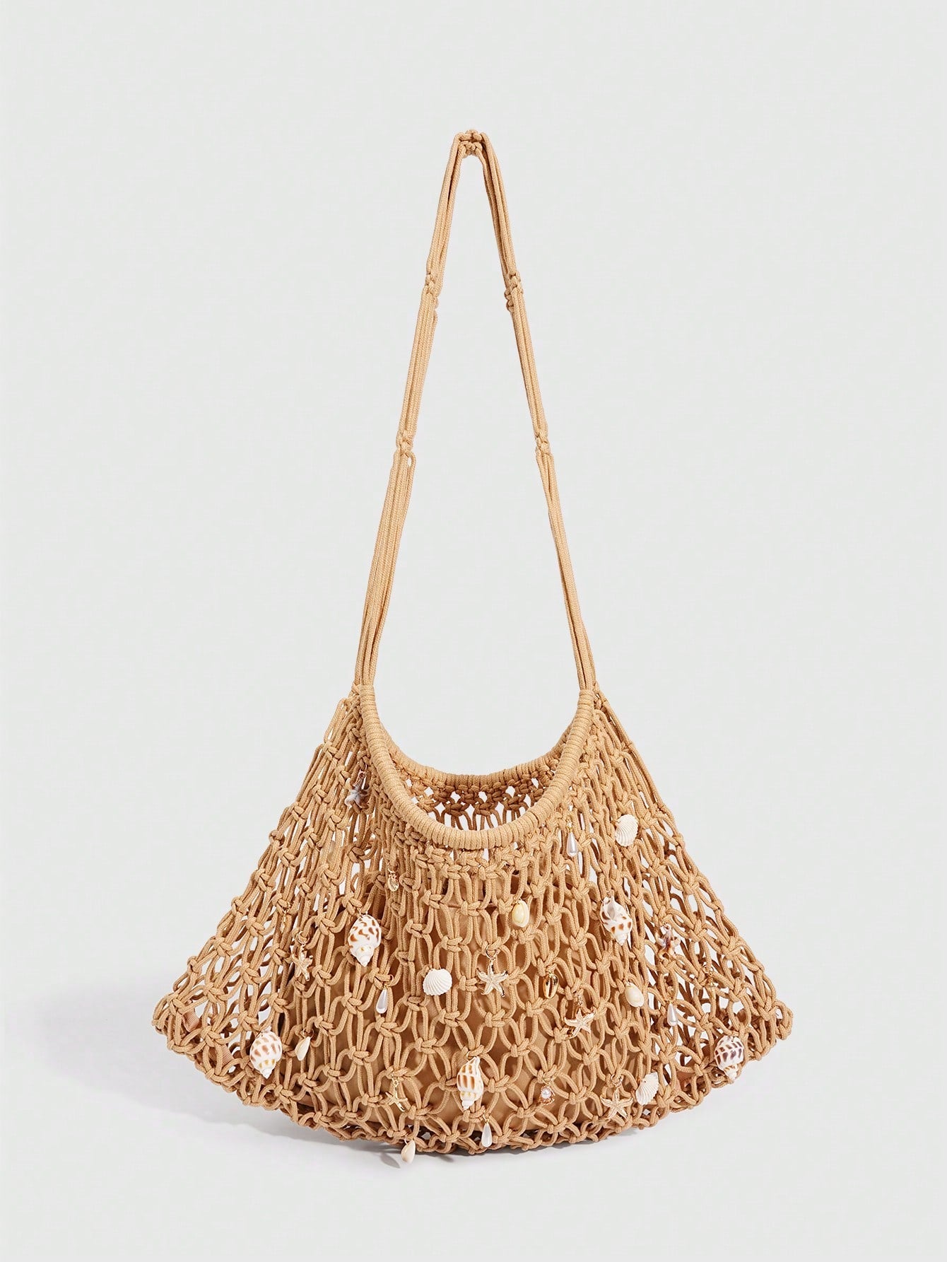 ROMWE Fairycore 1 Pc Tropical Ocean Beach Vacation Style Woven Hollow Beige Women's Shoulder Crossbody Handbag, Large Capacity Travel Vacation Bag