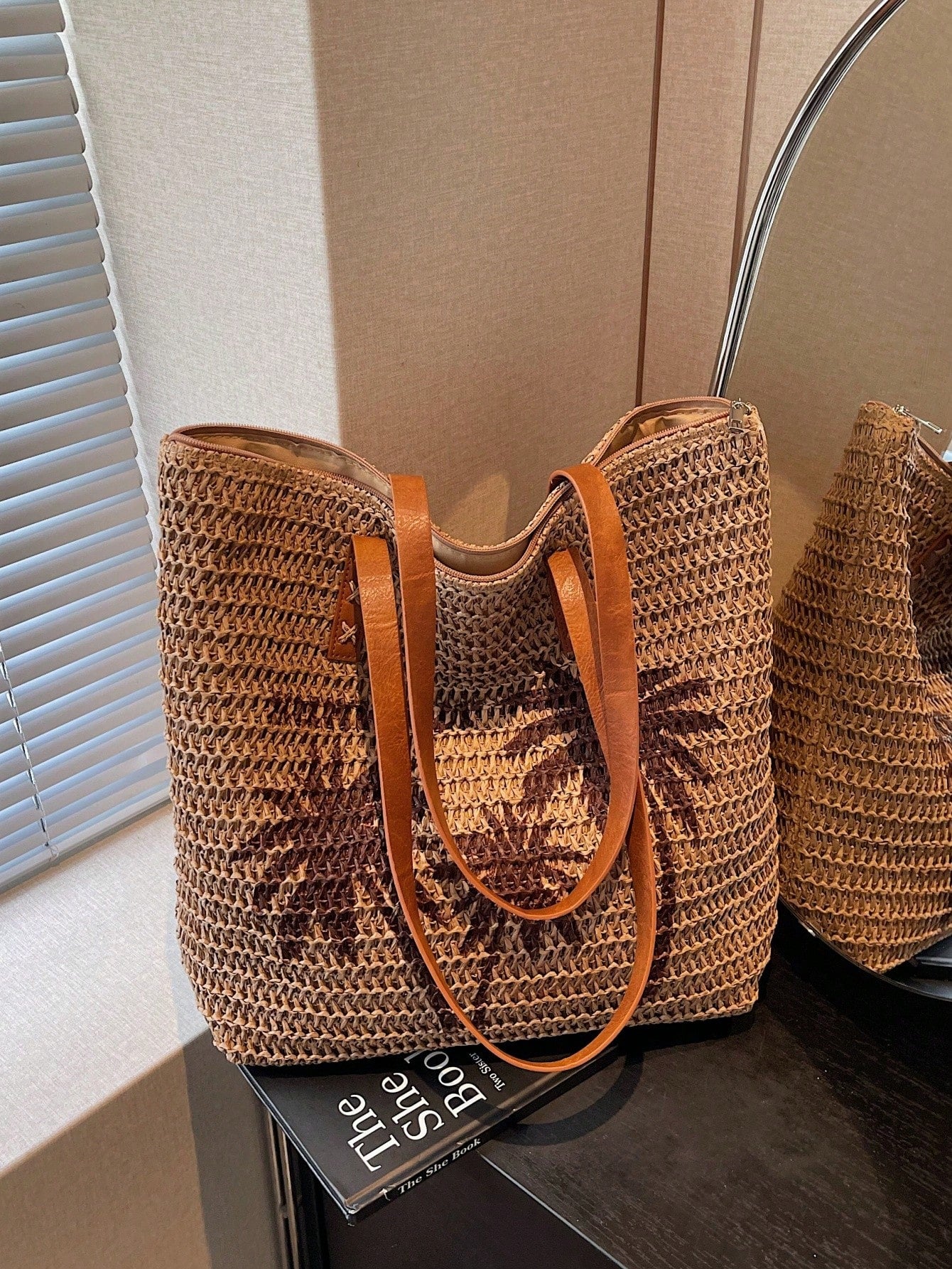 New Large Capacity Tote Bag, Woven Straw Dual Handle Design Women's Bag, Beach Bag For Commuting