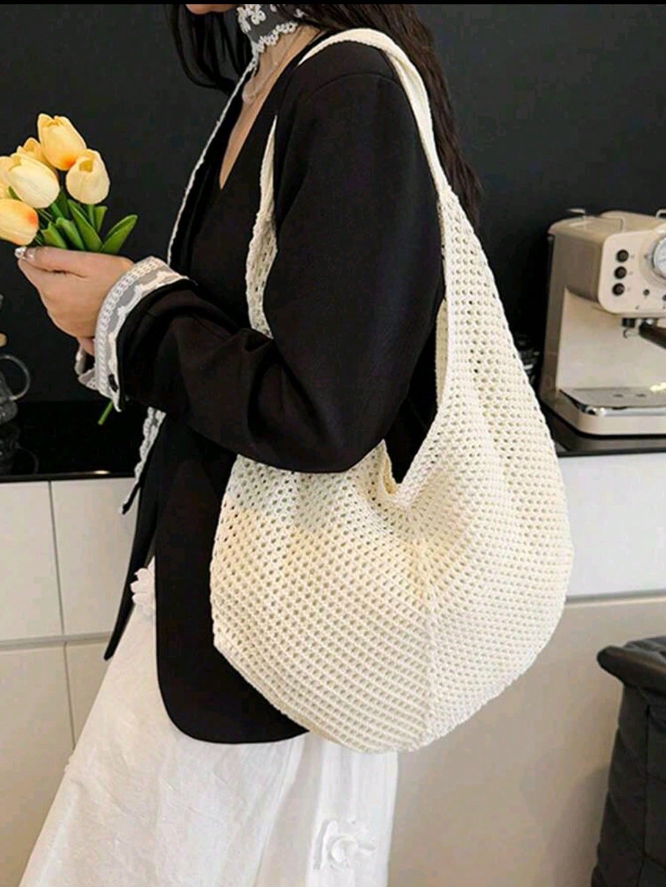 Large Capacity Crochet Shoulder Tote Bag - Lightweight, Multifunctional Knitted Handbag, Beige, Pink, Brown, Black, Suitable For Travel, Beach, Vacation And Daily Use, Large Tote Bag , Beach Bag , Crochet, Holiday, Yellow