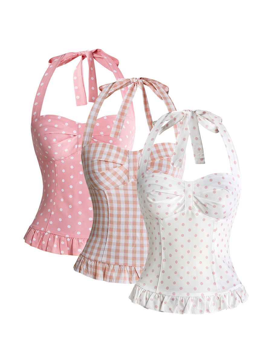 Pink plaid backless halter camisole set with ruched bust, knot detail, and ruffle hem for women.