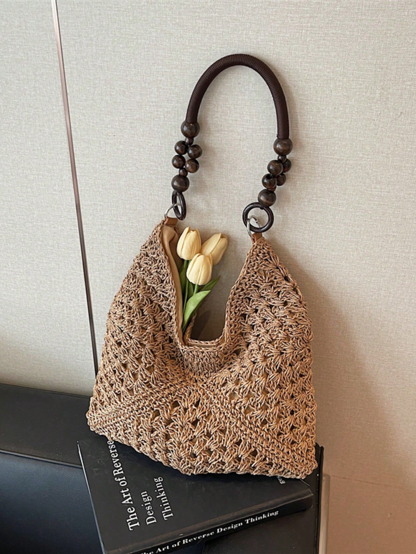 Handmade Crochet Hollow Straw Bag, Patchwork Large Capacity Shoulder Bag, Bohemian Contrast Color Straw Bag, Casual Versatile Women Bag, Slouchy Woven Bag, Summer Beach Vacation Straw Bag, Commute & Travel Dual-Use Women Bag, Can Fit , Gift For Women