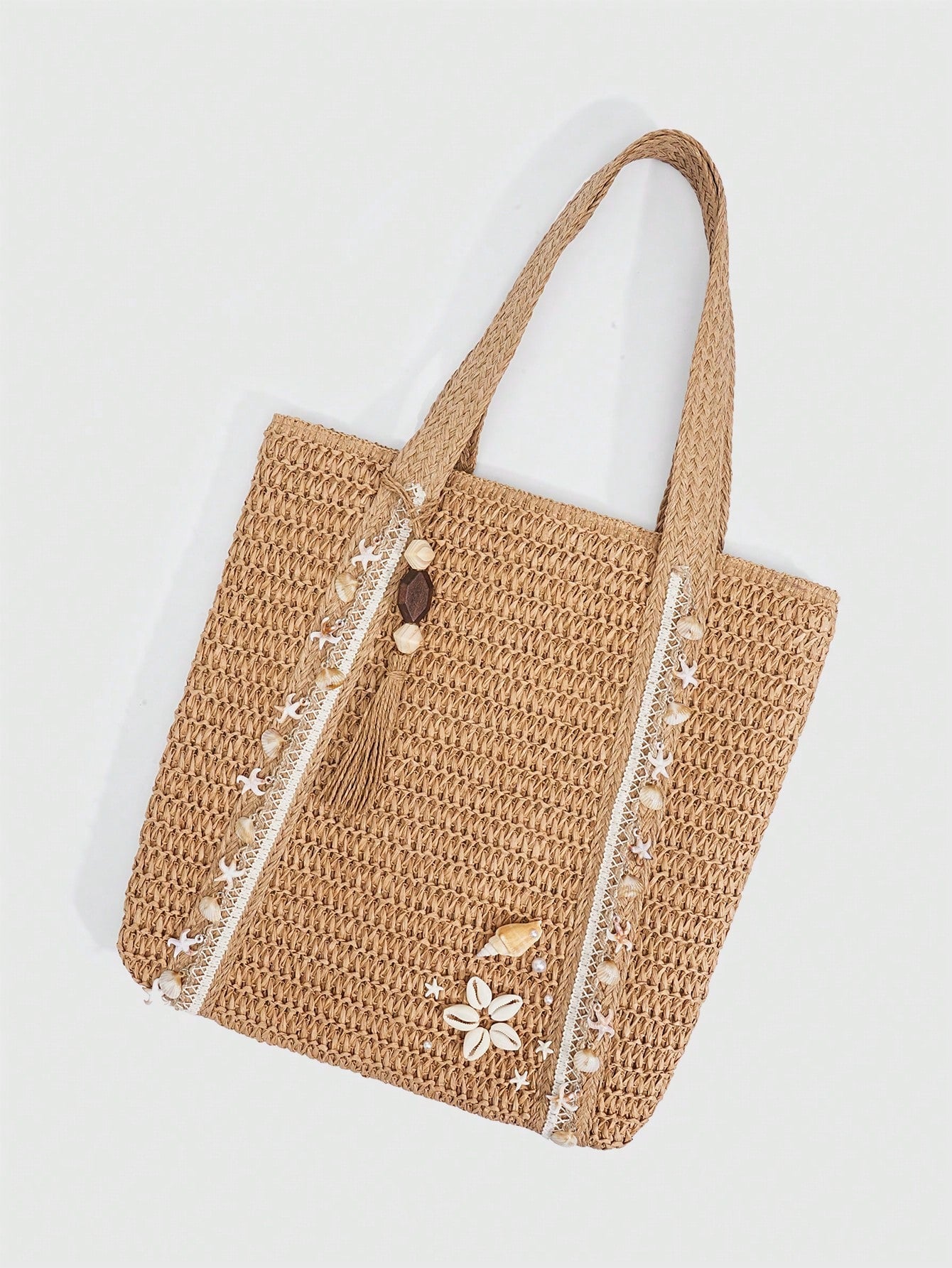 ROMWE Fairycore 1pc Vacation-Themed Shell, Seashell, Coral, Pearl Decor Women Tote Bag, Large Capacity Floral Straw Beach Bag For Spring/Summer