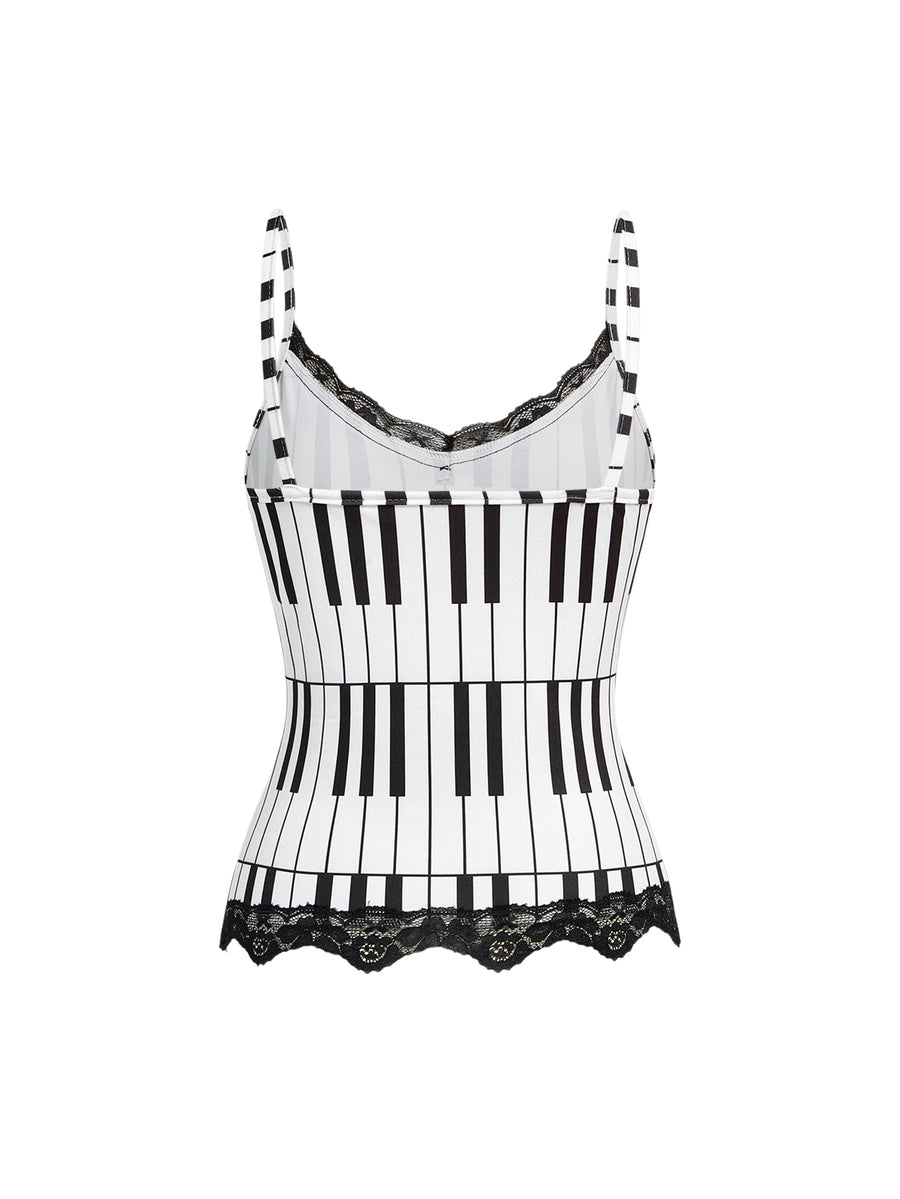 Three-piece women's camisole set featuring a retro music note and piano keyboard print, delicate contrast lace trim, front bow accent, and slim fit spaghetti straps.