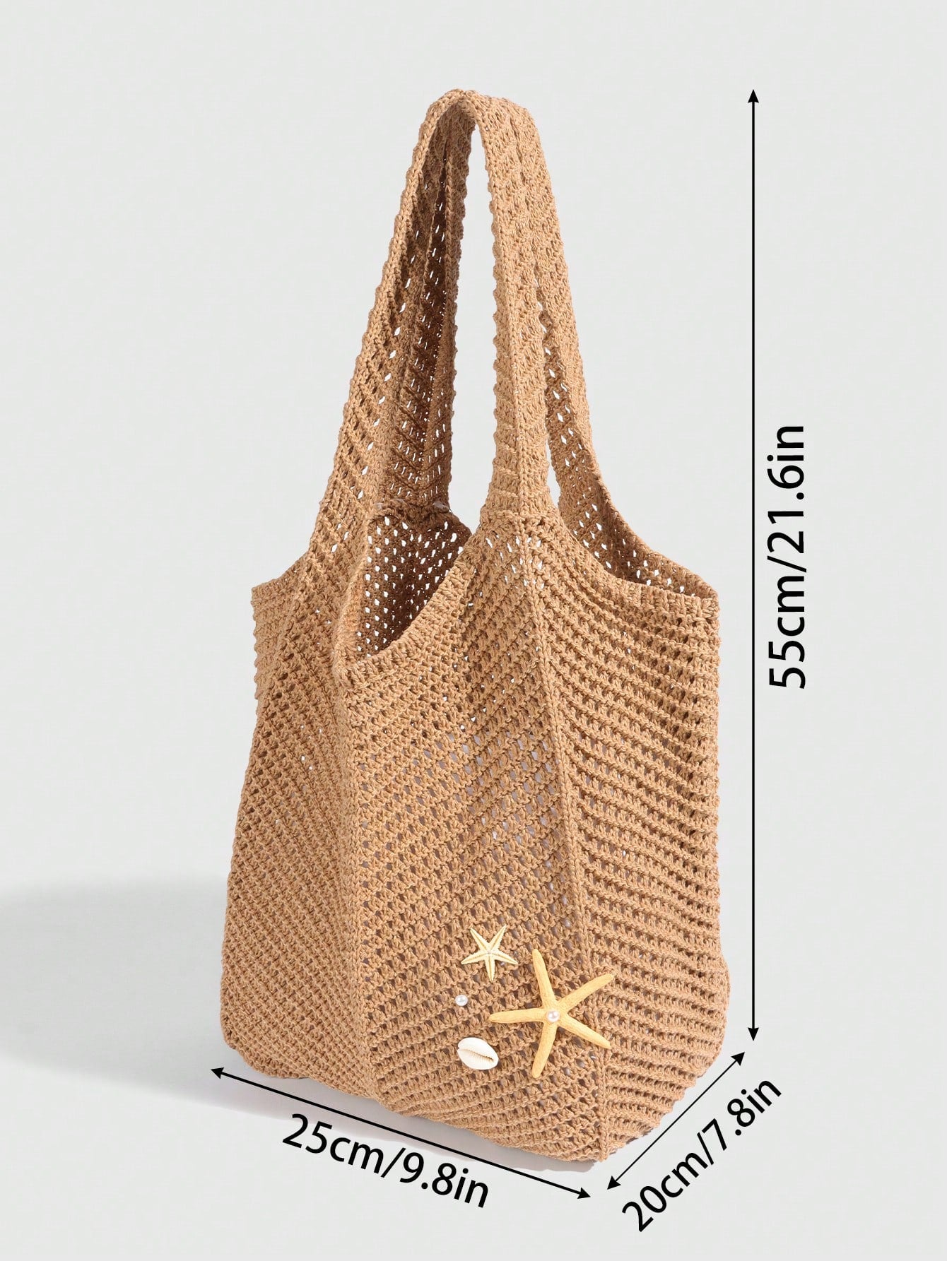 ROMWE Fairycore 1 Pc Tropical Ocean Beach Vacation Style Woven Hollow Beige Women's Shoulder Crossbody Handbag, Large Capacity Travel Vacation Bag