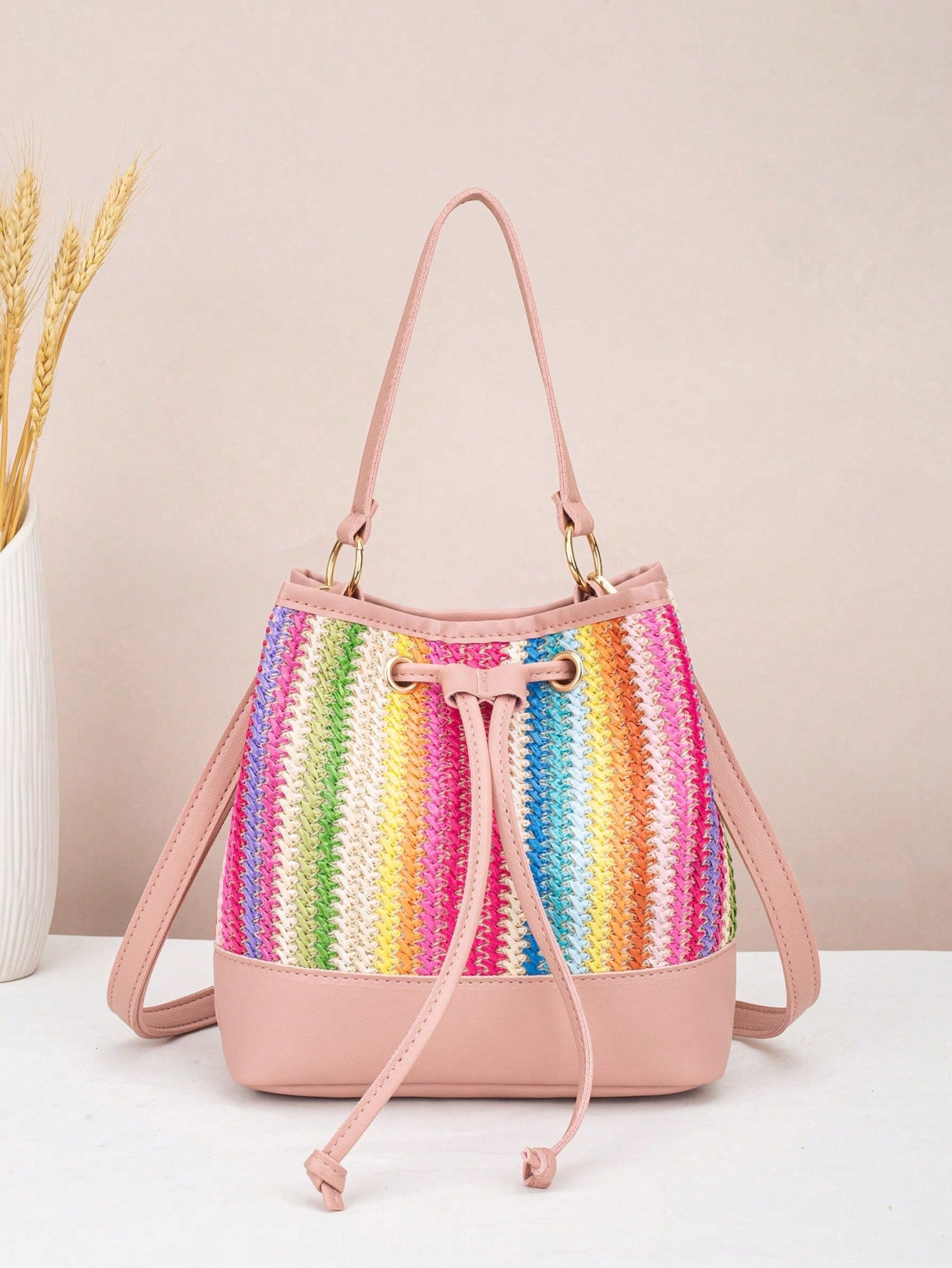 Drawstring Bucket Bag, Large Capacity Daily Versatile Bag, New Summer Beach Bag, Straw Crossbody Bag, Durable Women Handbag