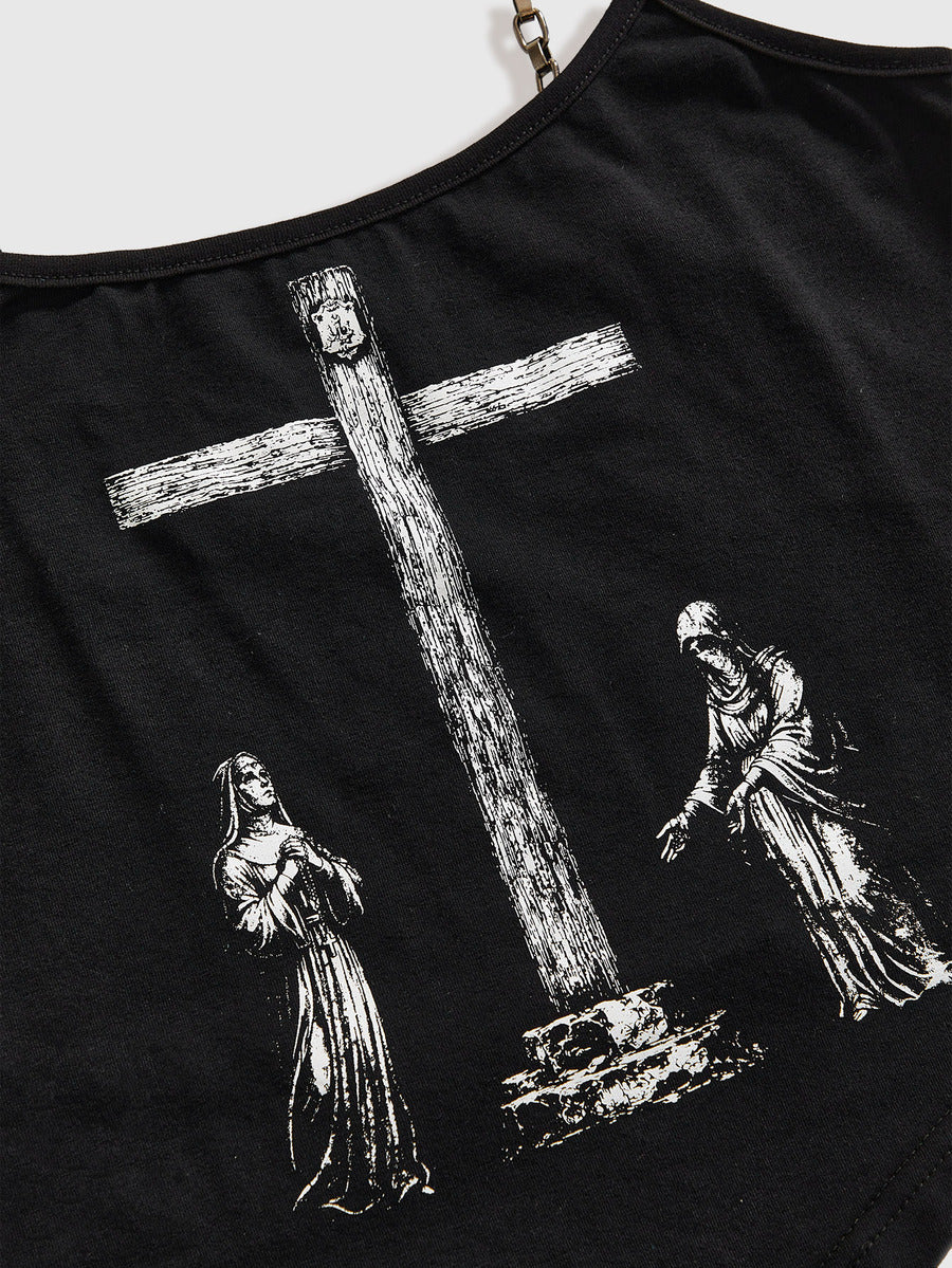 Black gothic rib-knit cross chain camisole top with asymmetrical hem and matching arm sleeves.