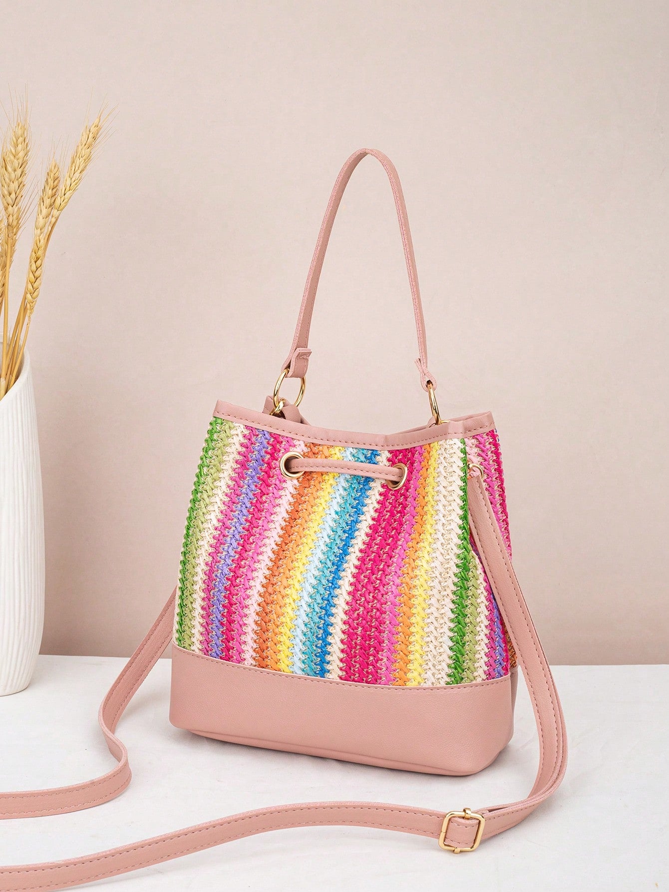 Drawstring Bucket Bag, Large Capacity Daily Versatile Bag, New Summer Beach Bag, Straw Crossbody Bag, Durable Women Handbag