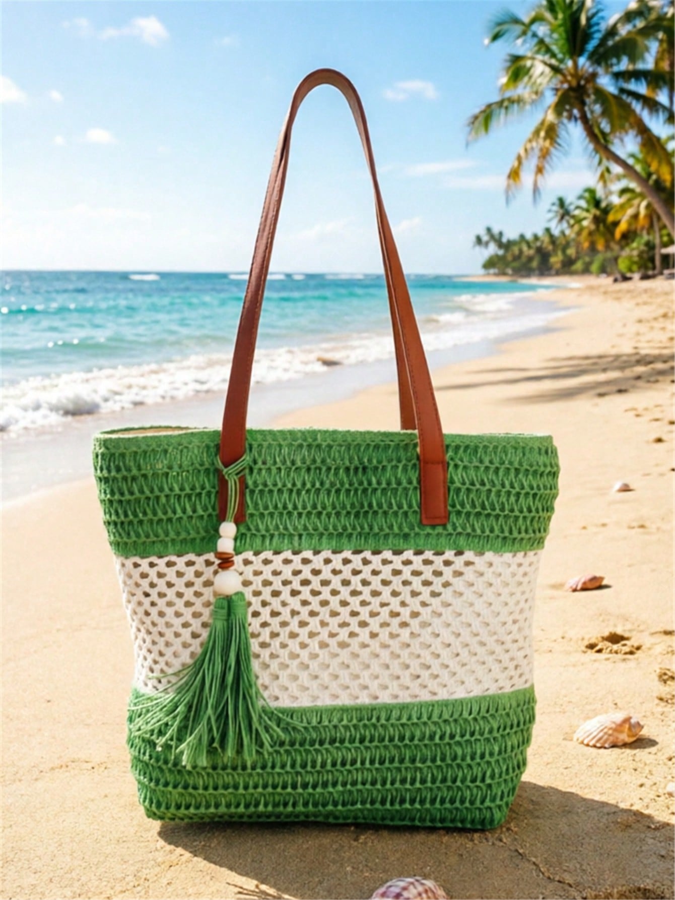 1pc New Holiday Tassel Pendant Bicolor Woven Beach Tote Bag, Casual Shoulder Handbag For Beach Trip