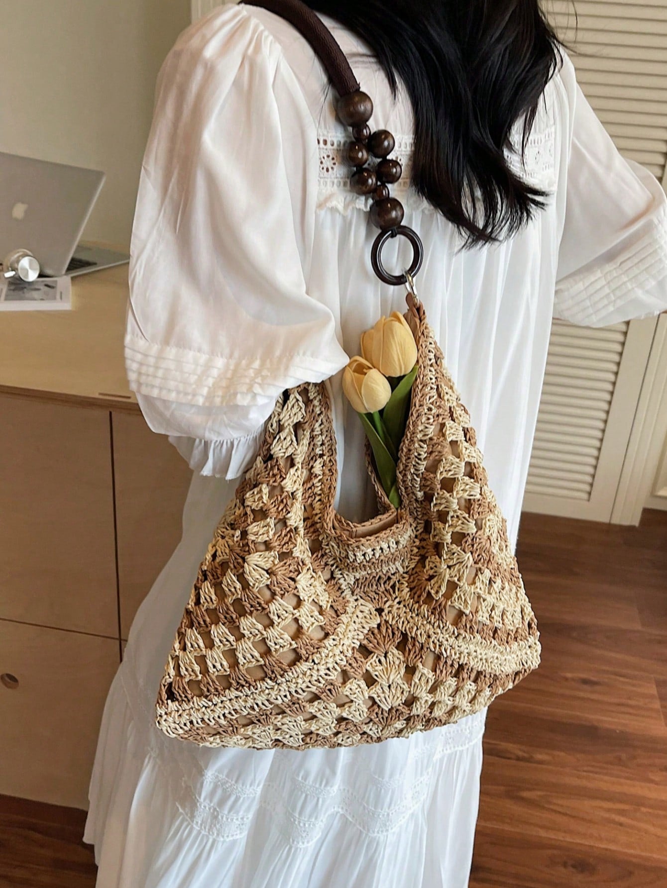 Handmade Crochet Hollow Straw Bag, Patchwork Large Capacity Shoulder Bag, Bohemian Contrast Color Straw Bag, Casual Versatile Women Bag, Slouchy Woven Bag, Summer Beach Vacation Straw Bag, Commute & Travel Dual-Use Women Bag, Can Fit , Gift For Women