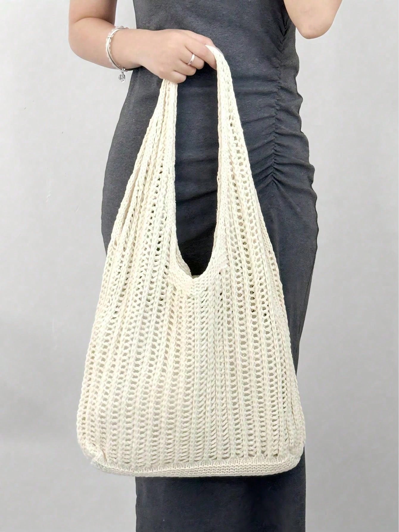 Large Capacity Crochet Shoulder Tote Bag - Lightweight, Multifunctional Knitted Handbag, Beige, Pink, Brown, Black, Suitable For Travel, Beach, Vacation And Daily Use, Large Tote Bag , Beach Bag , Crochet, Holiday, Yellow