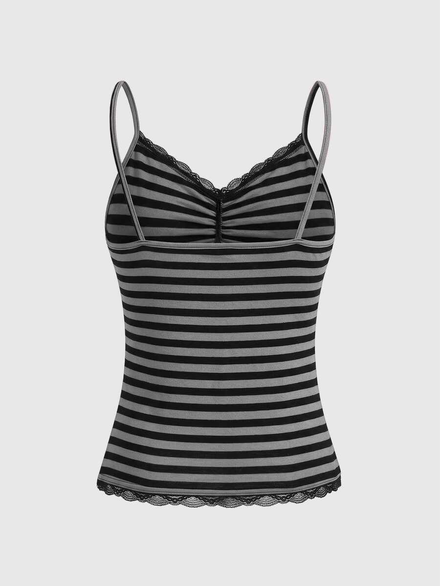 Burgundy and black striped lace trim camisole with spaghetti straps and ruched rib-knit detail.