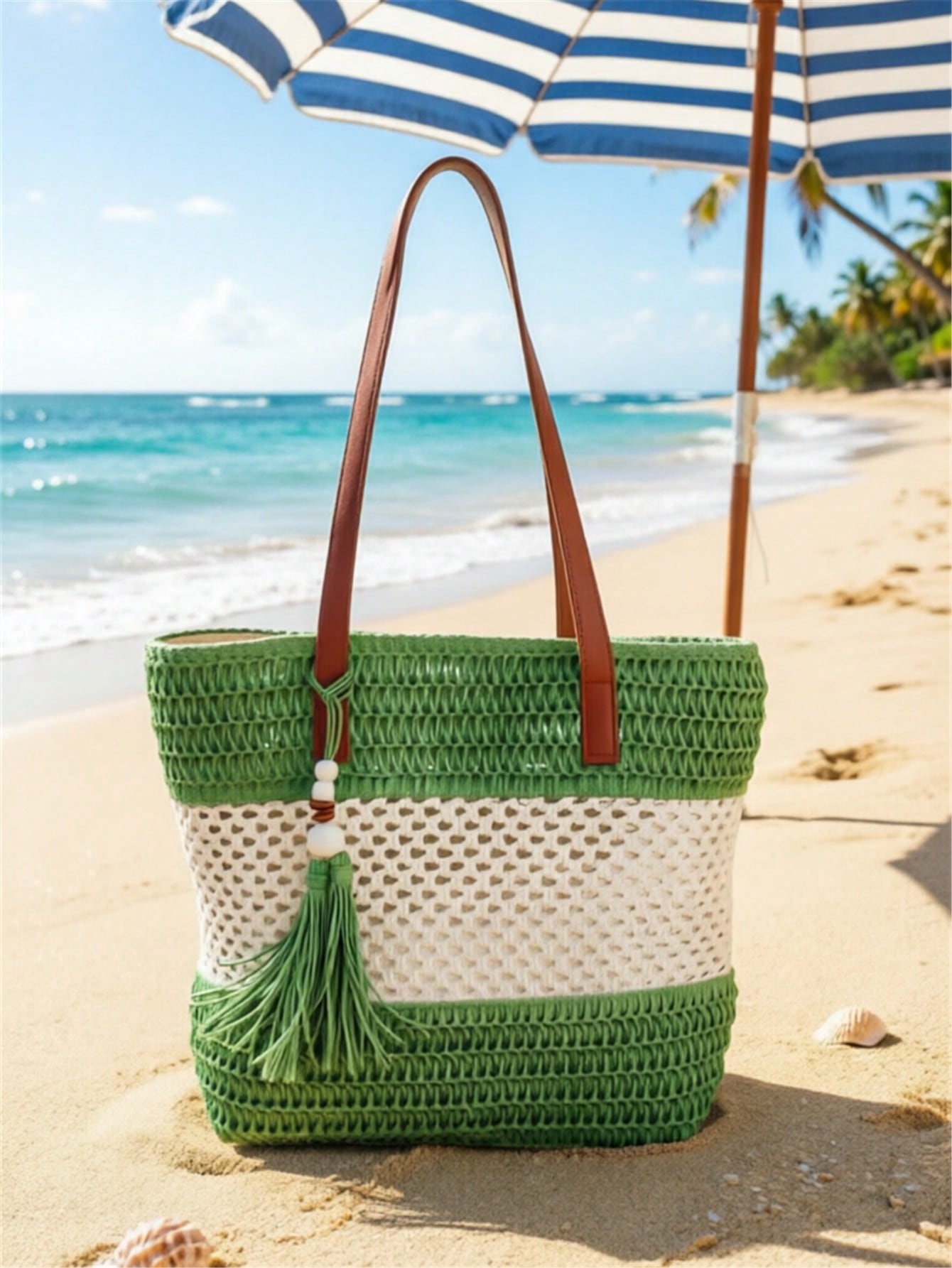 1pc New Holiday Tassel Pendant Bicolor Woven Beach Tote Bag, Casual Shoulder Handbag For Beach Trip