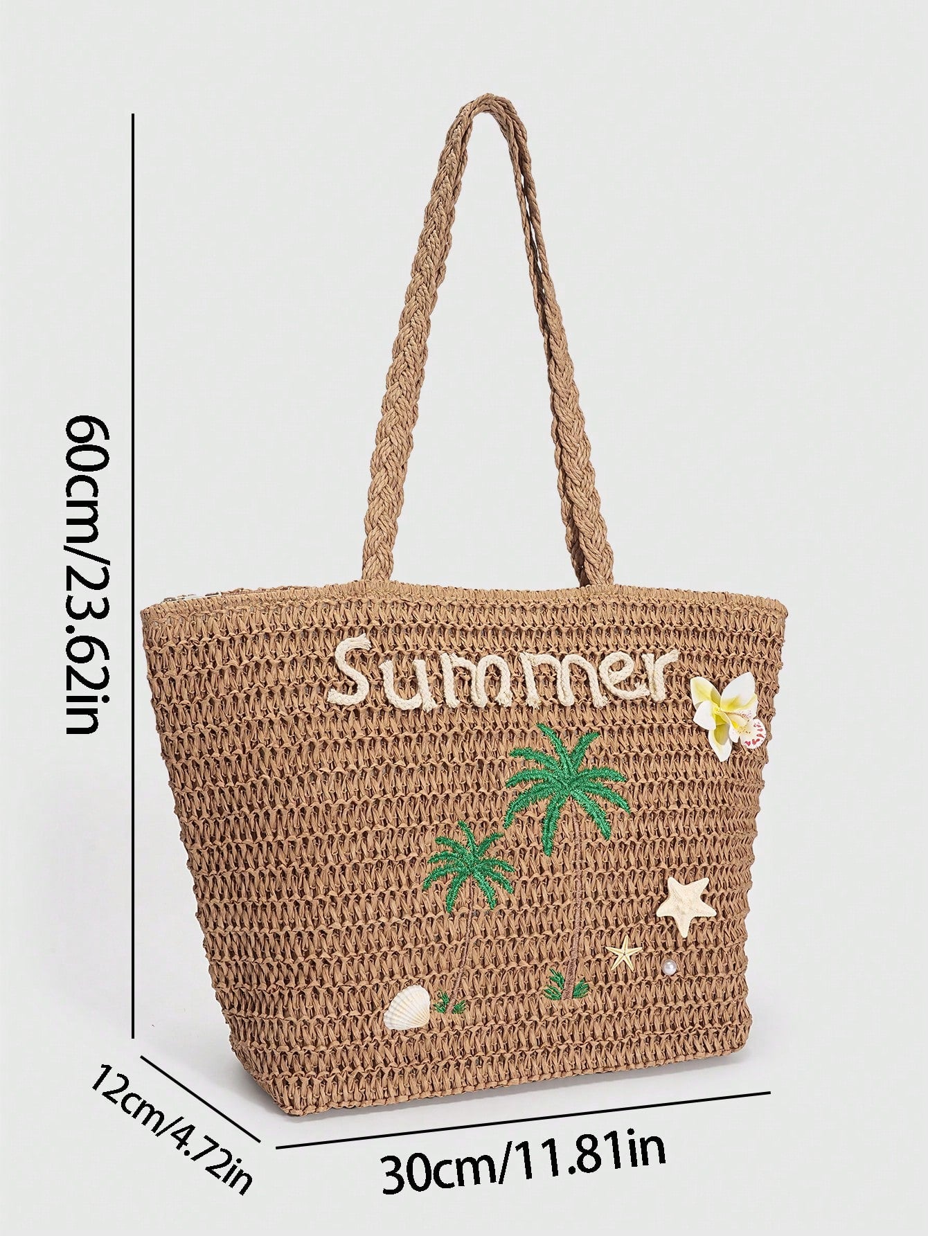 ROMWE Fairycore 1pc Vacation-Themed Shell, Seashell, Coral, Pearl Decor Women Tote Bag, Large Capacity Floral Straw Beach Bag For Spring/Summer
