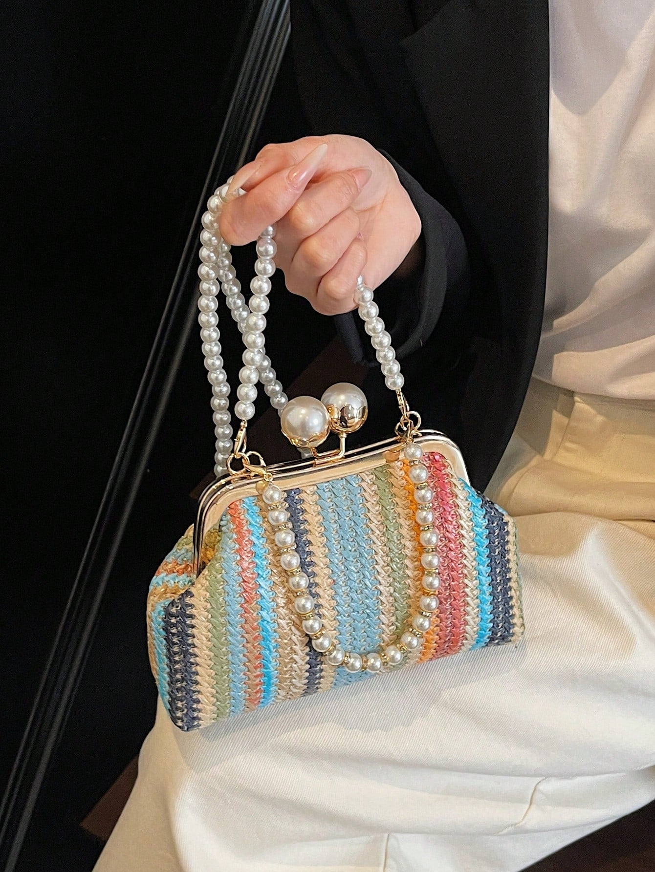 1pc Rainbow Color Woven Clutch Bag, Minimalist & Fashionable, Suitable For Casual/Daily Use, Woven Bag