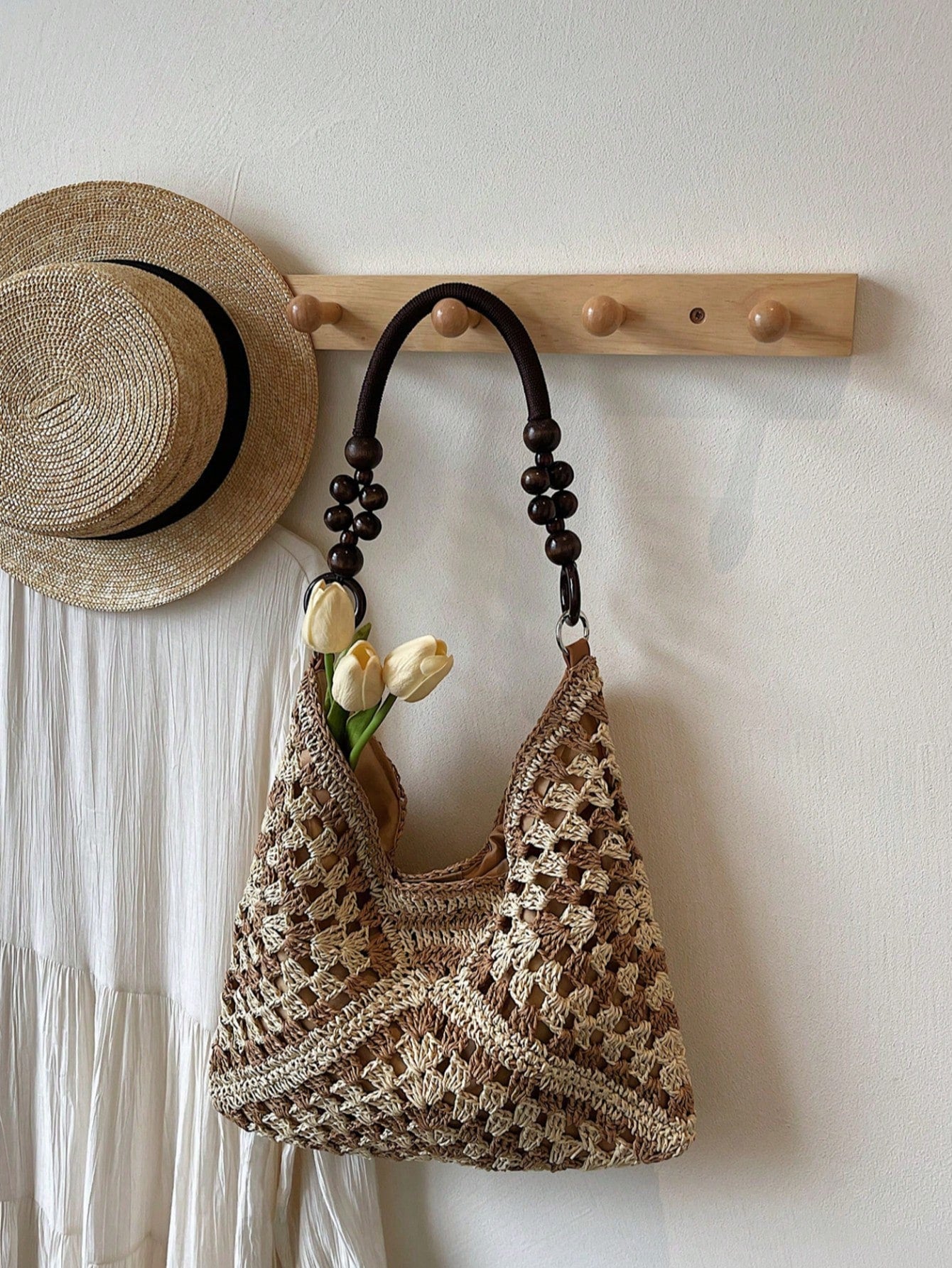Handmade Crochet Hollow Straw Bag, Patchwork Large Capacity Shoulder Bag, Bohemian Contrast Color Straw Bag, Casual Versatile Women Bag, Slouchy Woven Bag, Summer Beach Vacation Straw Bag, Commute & Travel Dual-Use Women Bag, Can Fit , Gift For Women