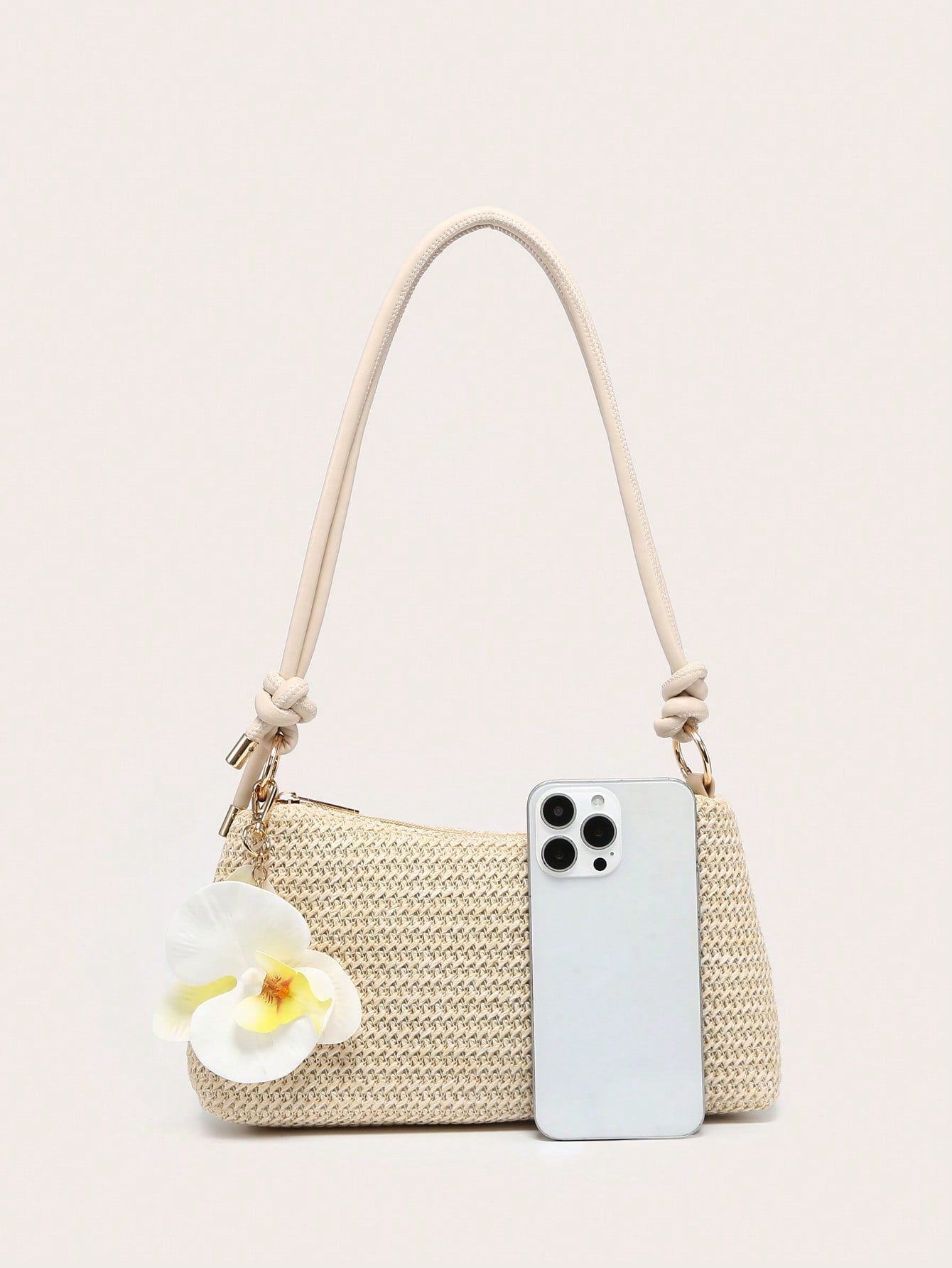 Women's Underarm Shoulder Bag, Square Bag, PU Rope Flower Pendant, Large Capacity, Lightweight, Casual Fashionable Beach Vacation Style, Suitable For Shopping And Vacation , Beach Bag, Holiday, Straw Bag